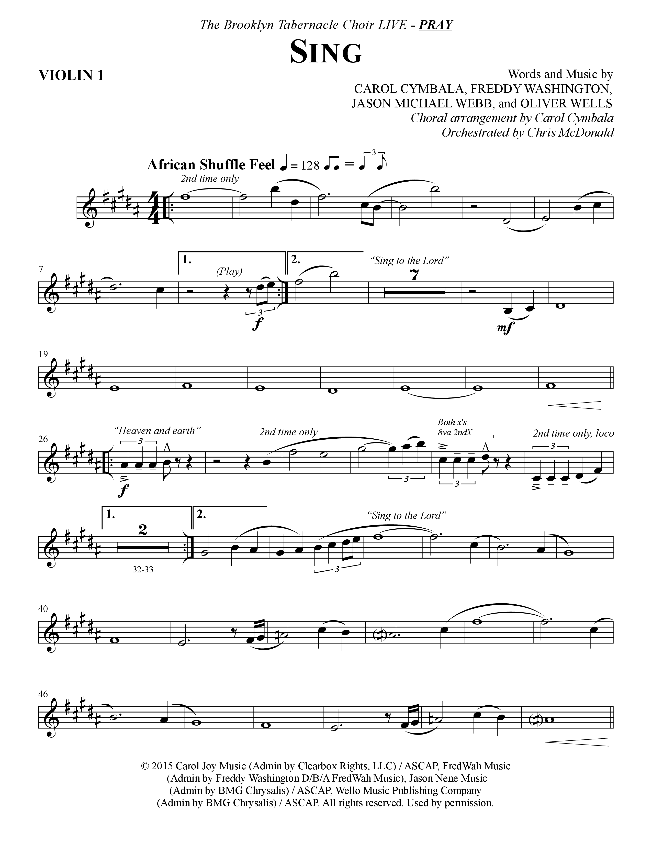 Sing (Choral Anthem SATB) Violin 1 (The Brooklyn Tabernacle Choir / Arr. Carol Cymbala)