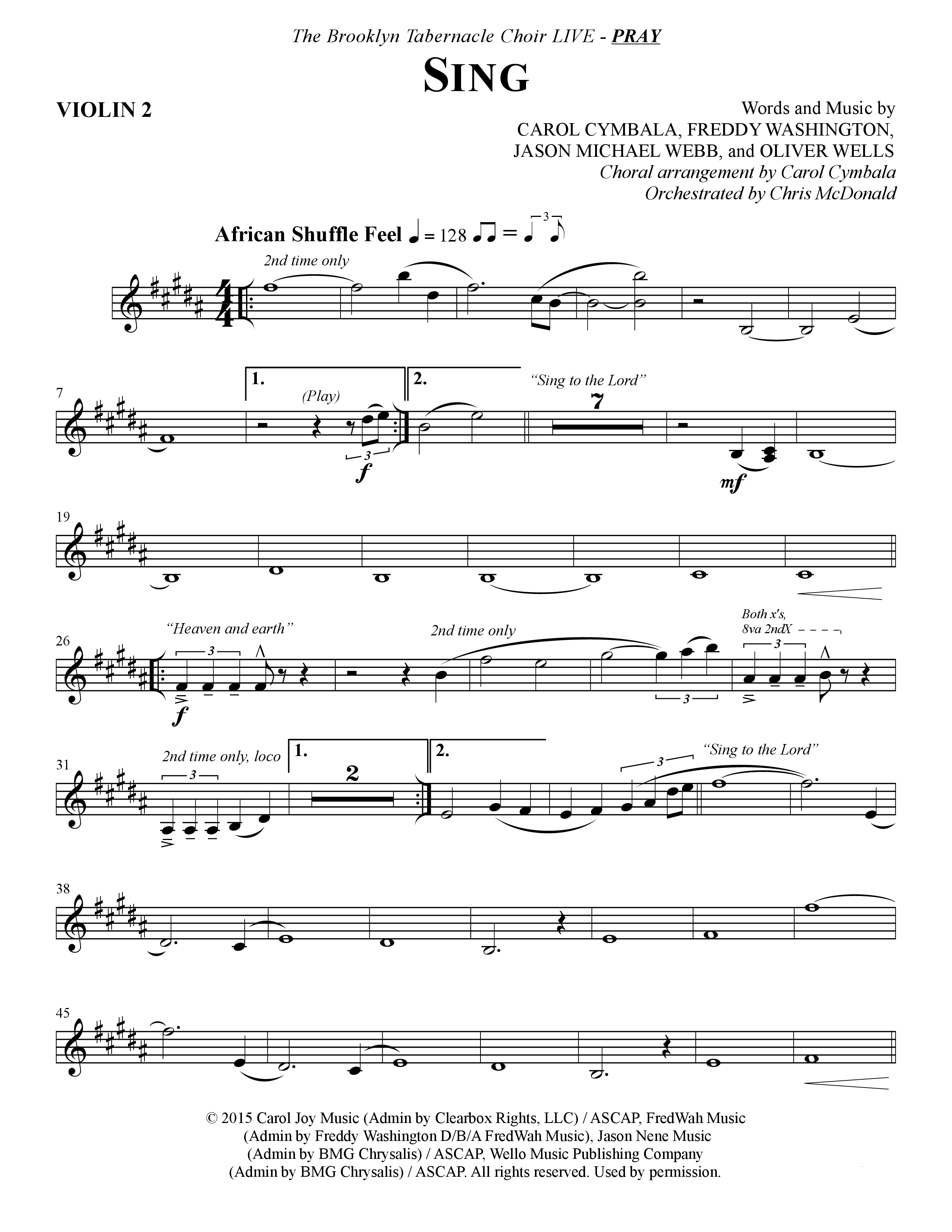 Sing (Choral Anthem SATB) Violin 2 (The Brooklyn Tabernacle Choir / Arr. Carol Cymbala)