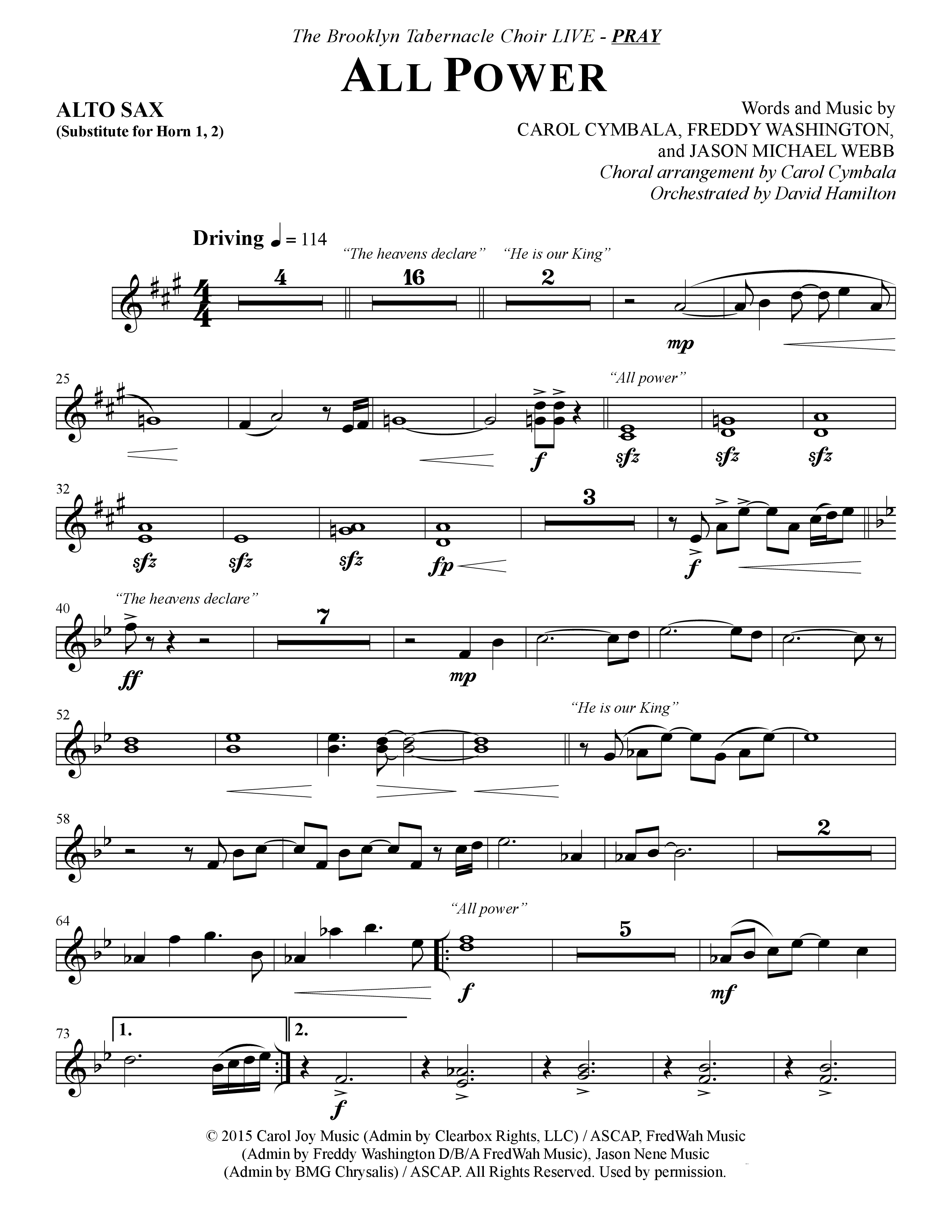 All Power (Choral Anthem SATB) Alto Sax (The Brooklyn Tabernacle Choir / Arr. Carol Cymbala)