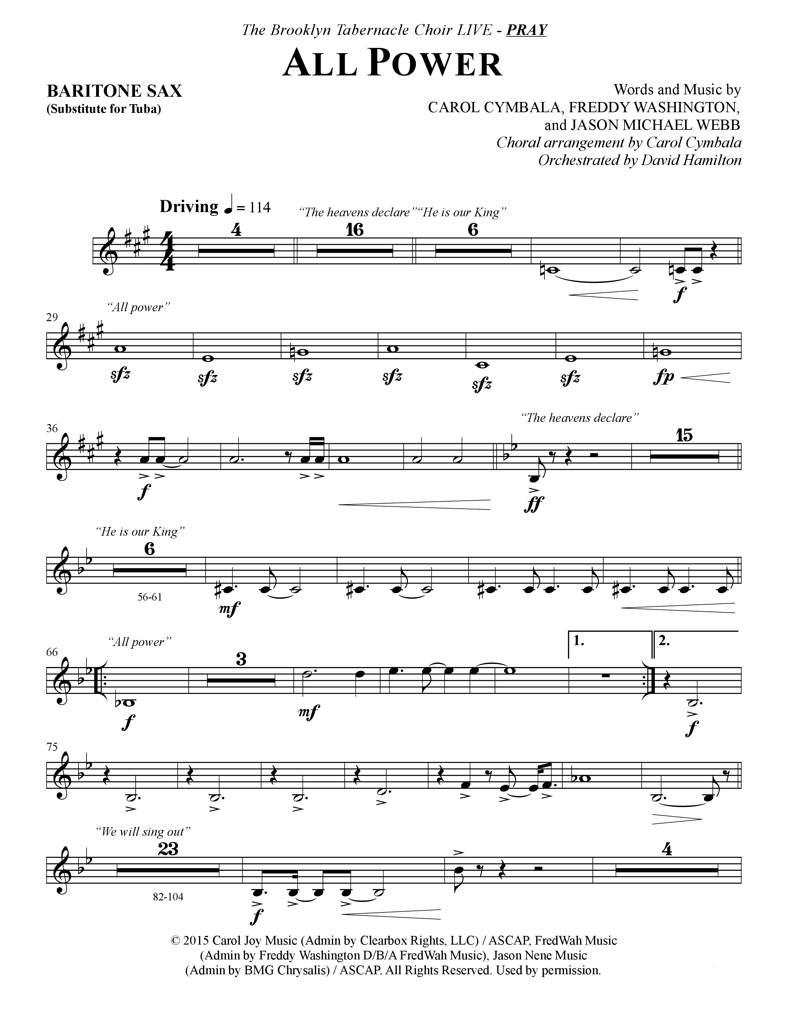 All Power (Choral Anthem SATB) Bari Sax (The Brooklyn Tabernacle Choir / Arr. Carol Cymbala)