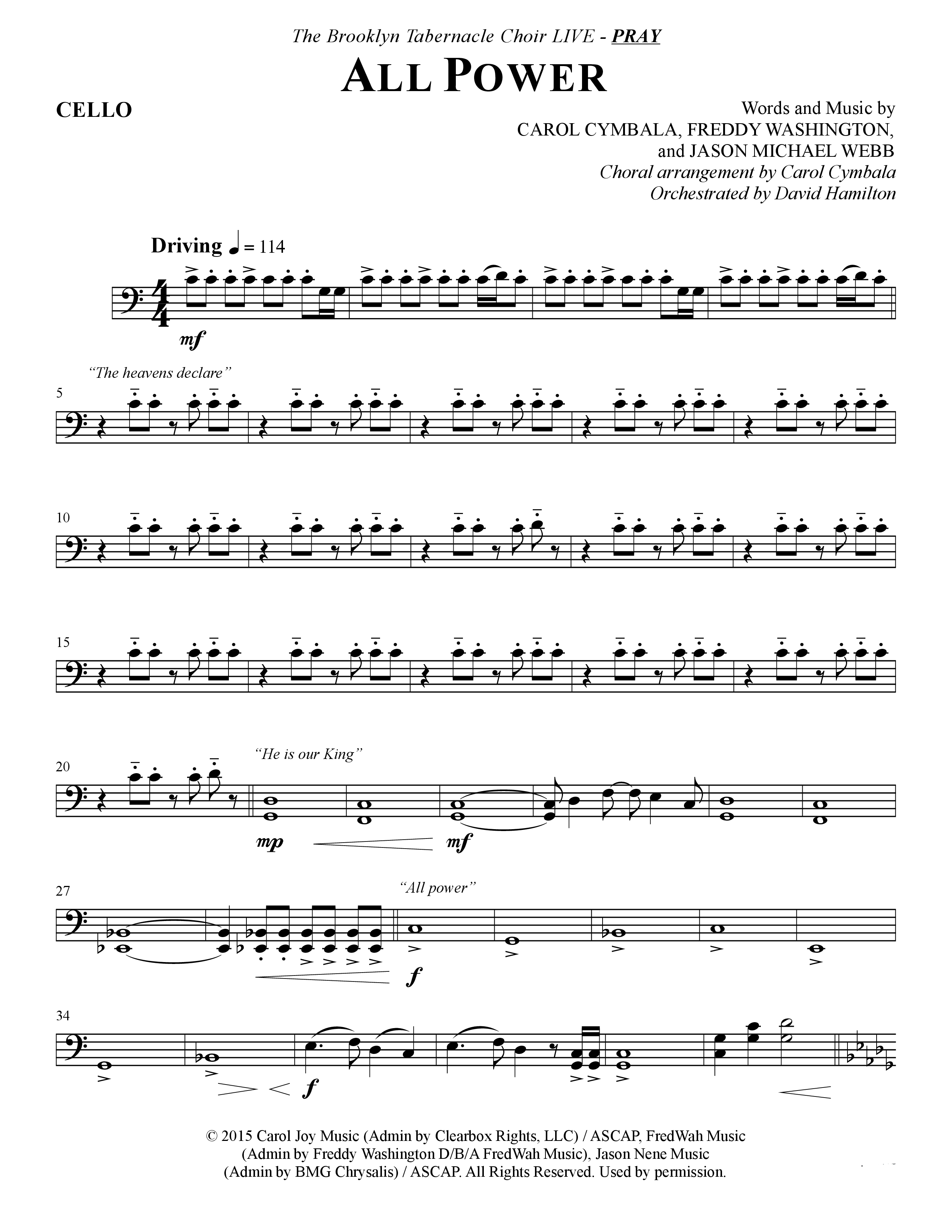 All Power (Choral Anthem SATB) Cello (The Brooklyn Tabernacle Choir / Arr. Carol Cymbala)