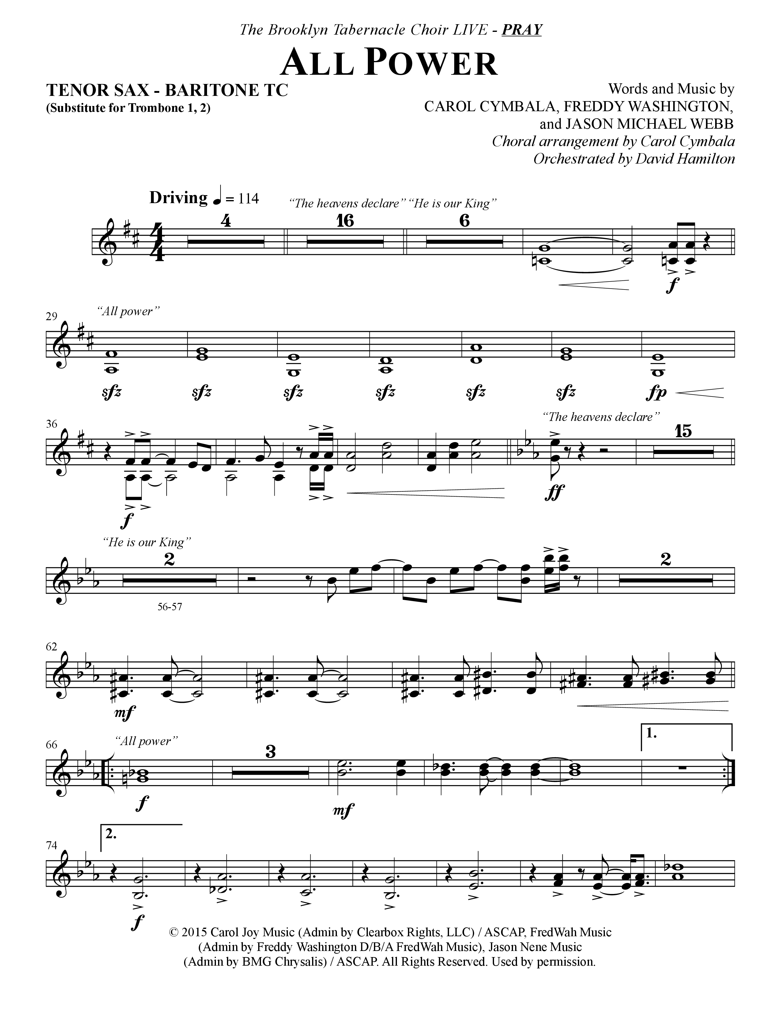 All Power (Choral Anthem SATB) Tenor Sax/Baritone T.C. (The Brooklyn Tabernacle Choir / Arr. Carol Cymbala)