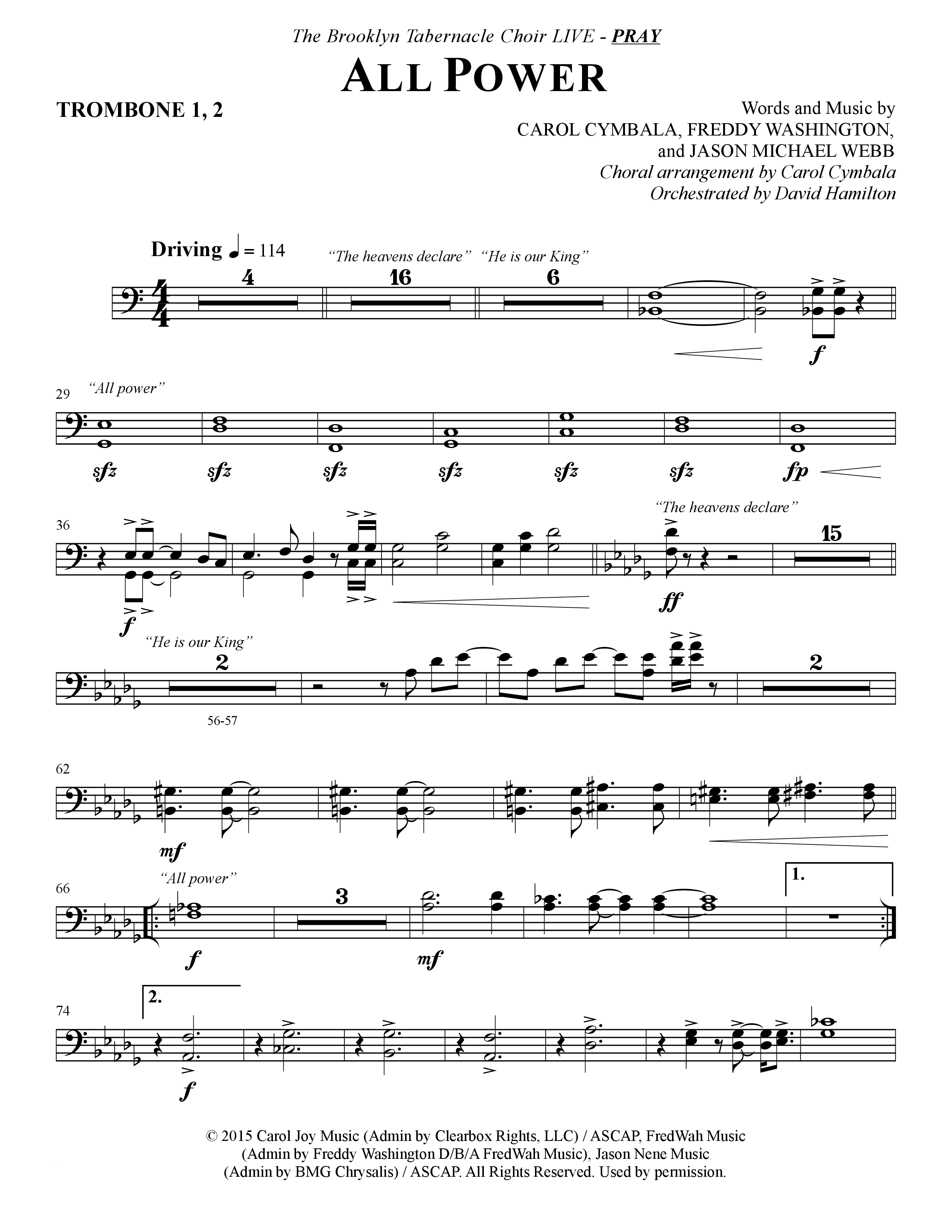 All Power (Choral Anthem SATB) Trombone 1/2 (The Brooklyn Tabernacle Choir / Arr. Carol Cymbala)