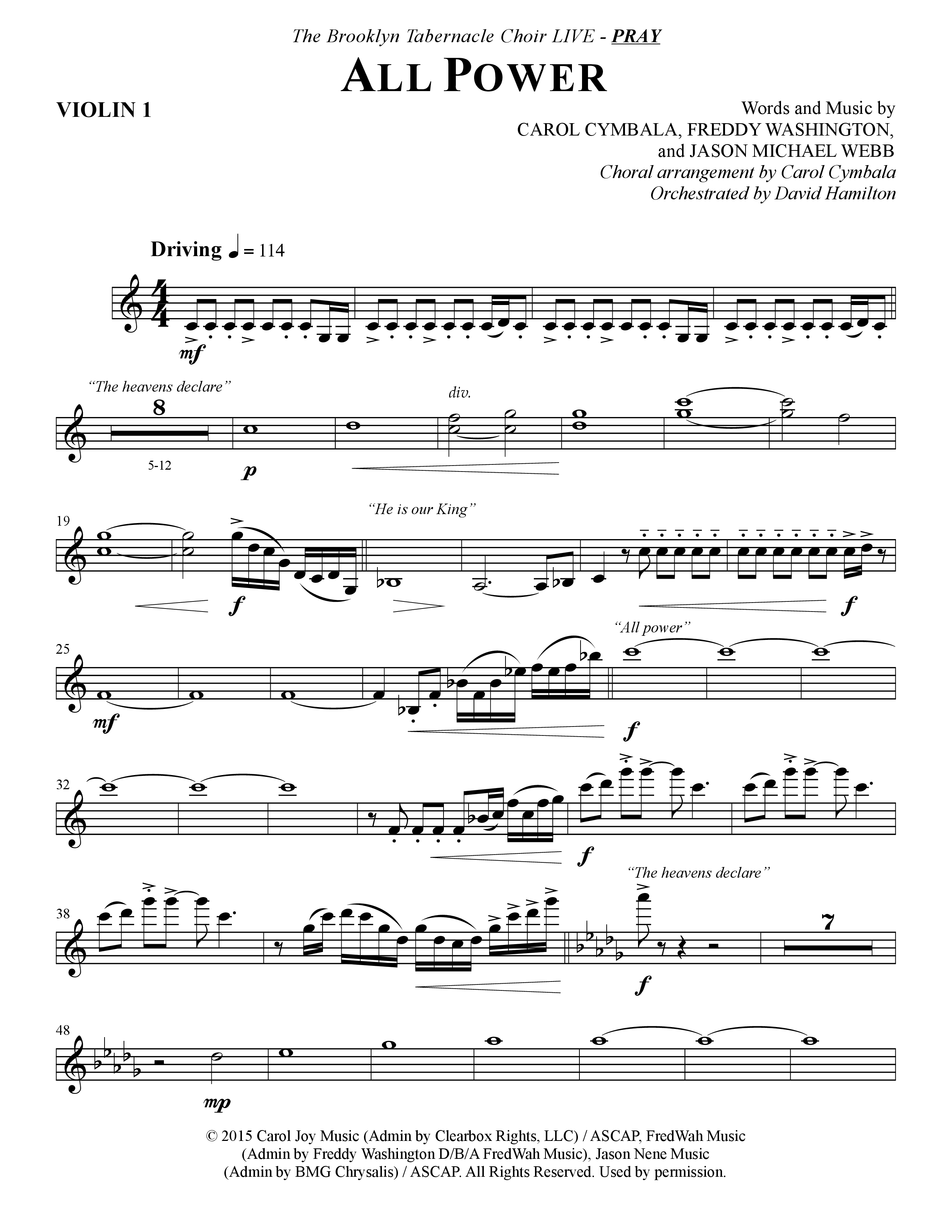 All Power (Choral Anthem SATB) Violin 1 (The Brooklyn Tabernacle Choir / Arr. Carol Cymbala)