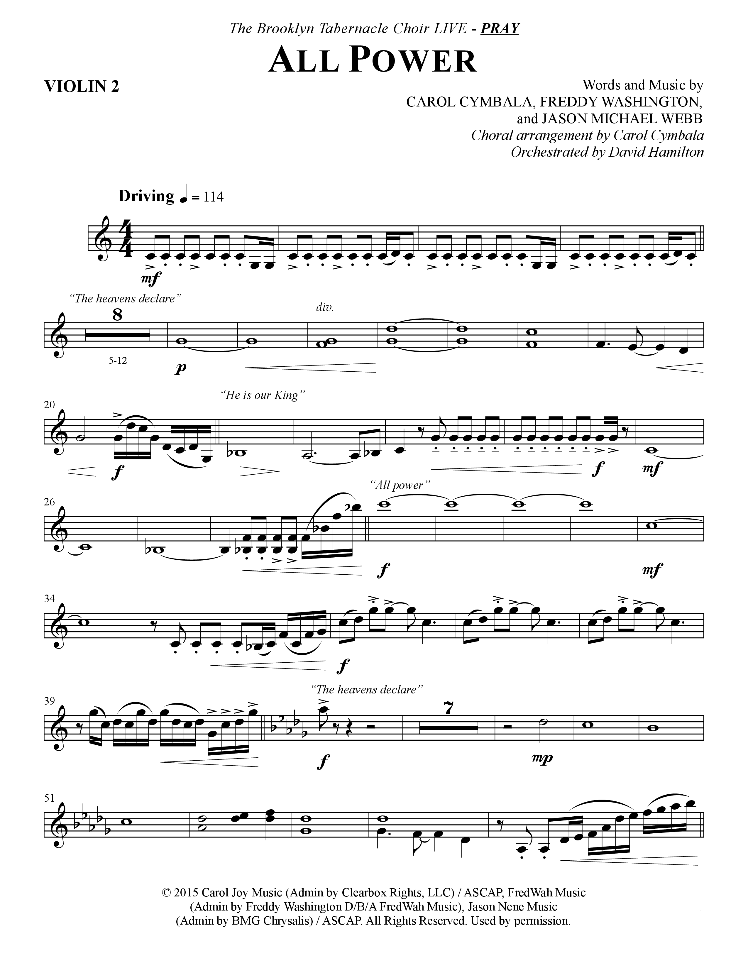 All Power (Choral Anthem SATB) Violin 2 (The Brooklyn Tabernacle Choir / Arr. Carol Cymbala)