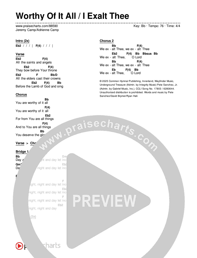 Worthy Of It All / I  Exalt Thee Chords & Lyrics (Jeremy Camp / Adrienne Camp)