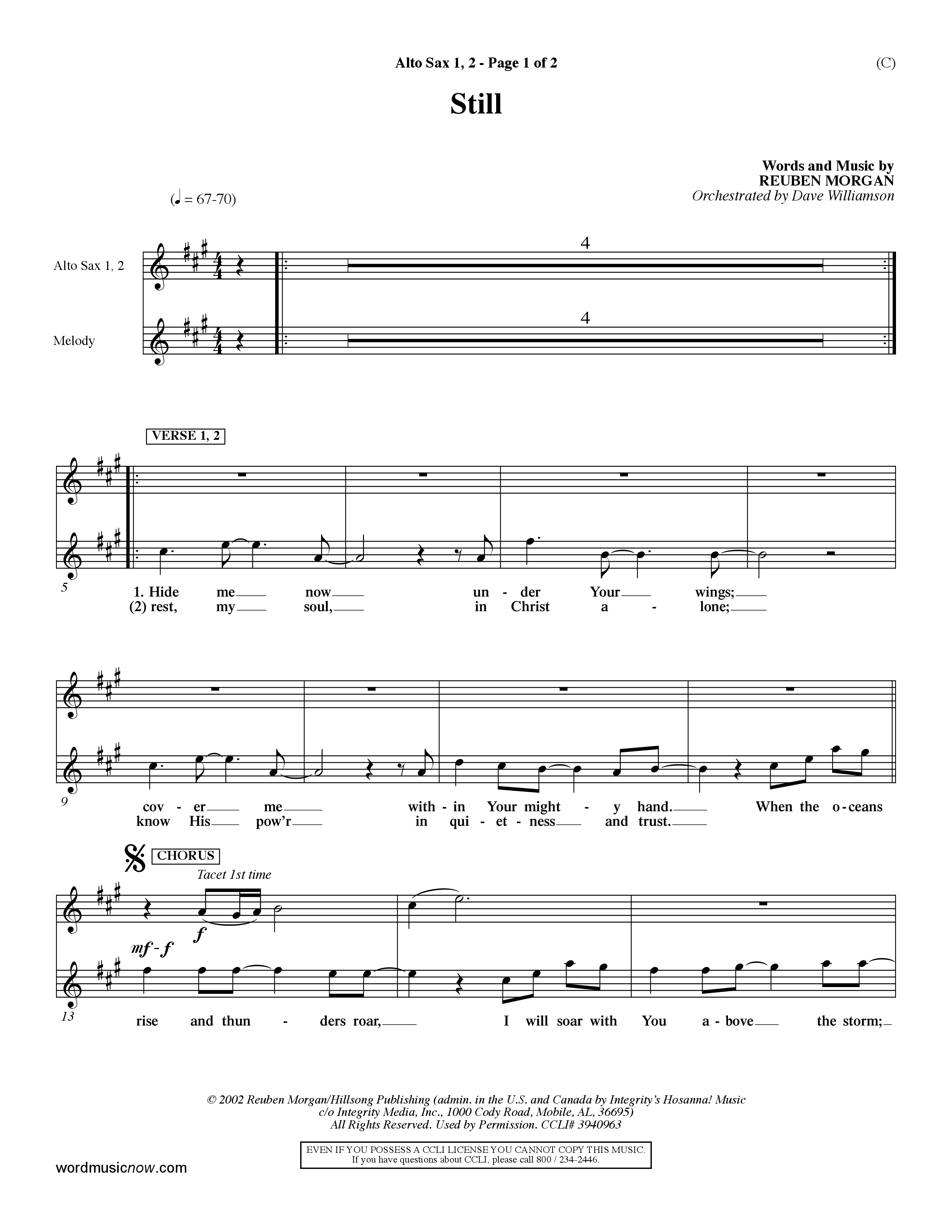 Still (Choral Anthem SATB) Alto Sax 1/2 (Word Music Choral / Orch. Dave Williamson)
