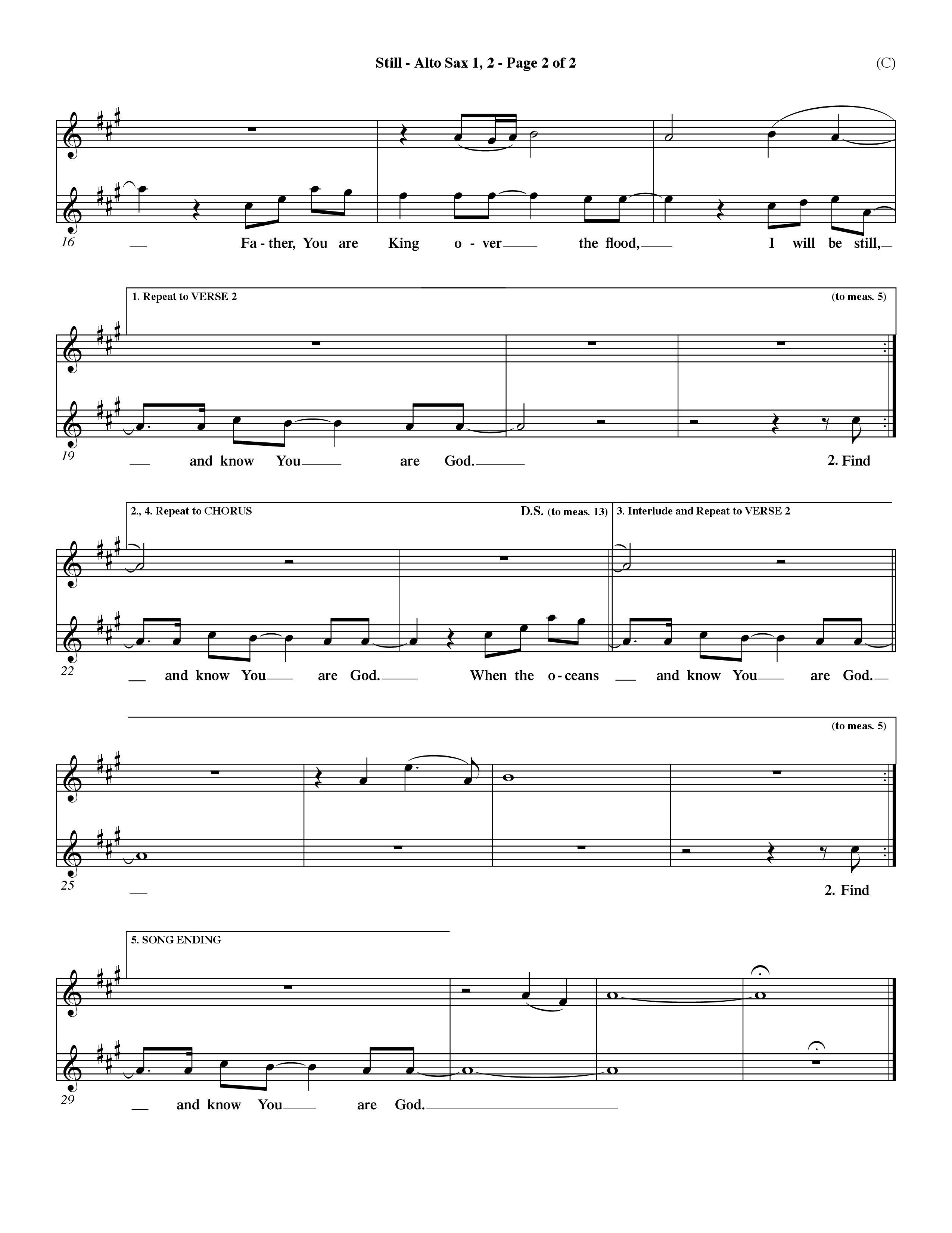 Still (Choral Anthem SATB) Alto Sax 1/2 (Word Music Choral / Orch. Dave Williamson)