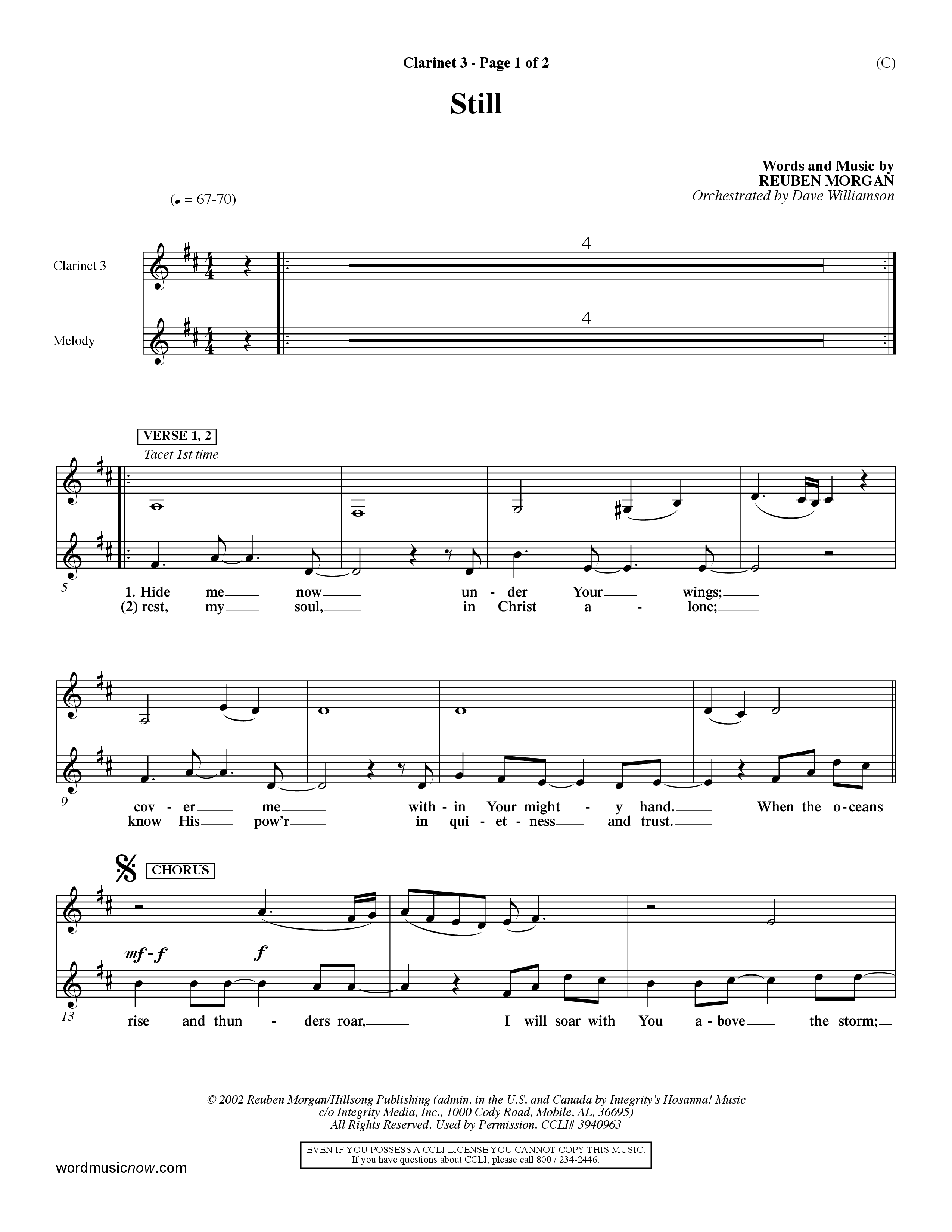 Still (Choral Anthem SATB) Clarinet 3 (Word Music Choral / Orch. Dave Williamson)