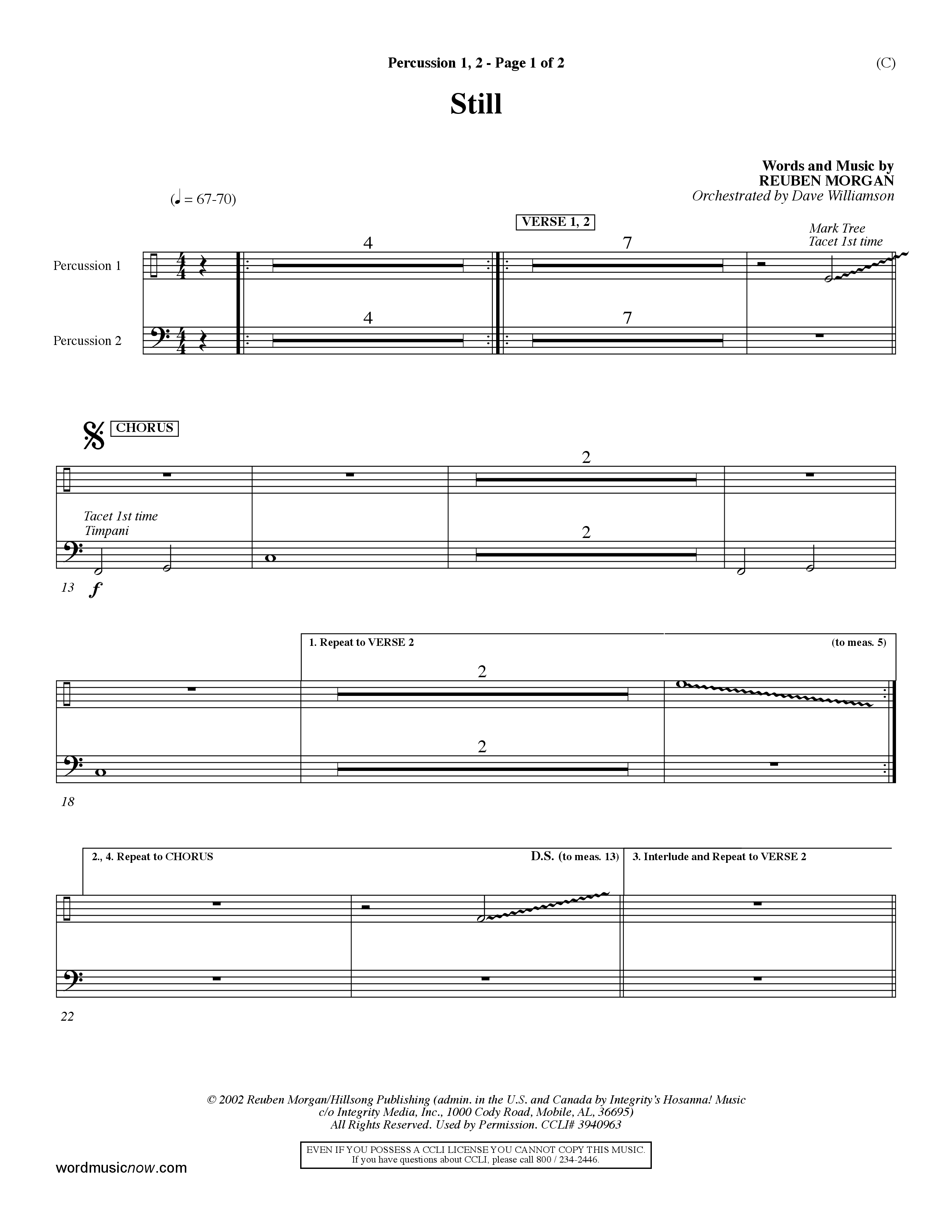 Still (Choral Anthem SATB) Percussion 1/2 (Word Music Choral / Orch. Dave Williamson)