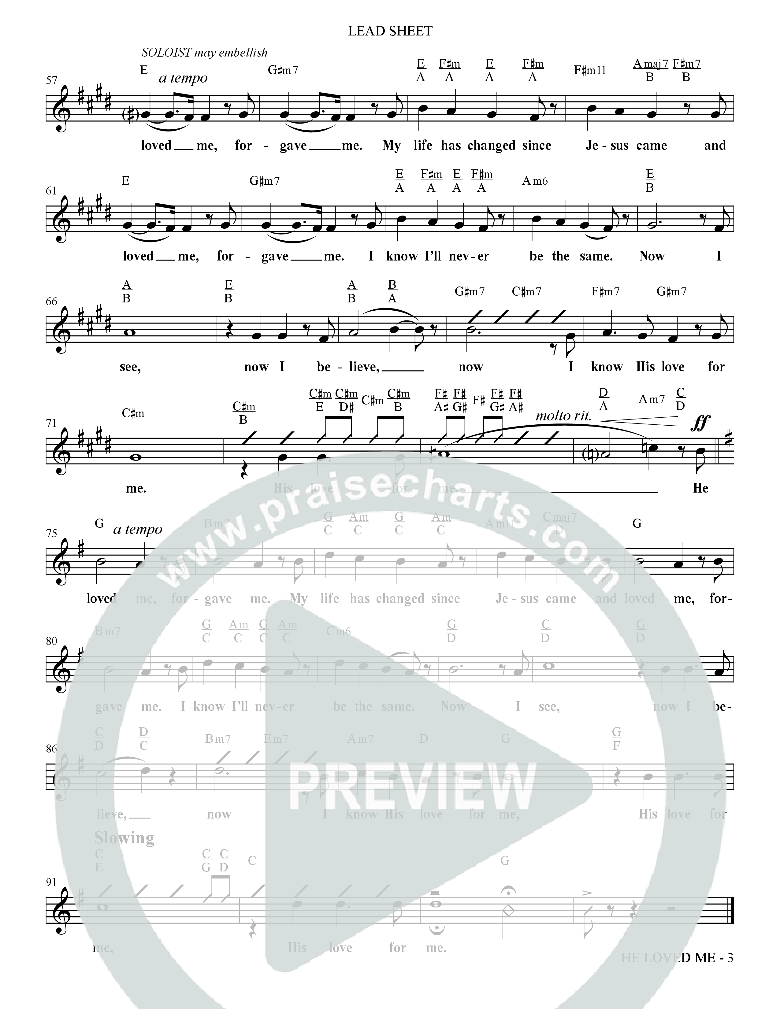 He Loved Me (Choral Anthem SATB) Lead Sheet (Melody) (The Brooklyn Tabernacle Choir / Arr. Carol Cymbala / Orch. J. Daniel Smith)