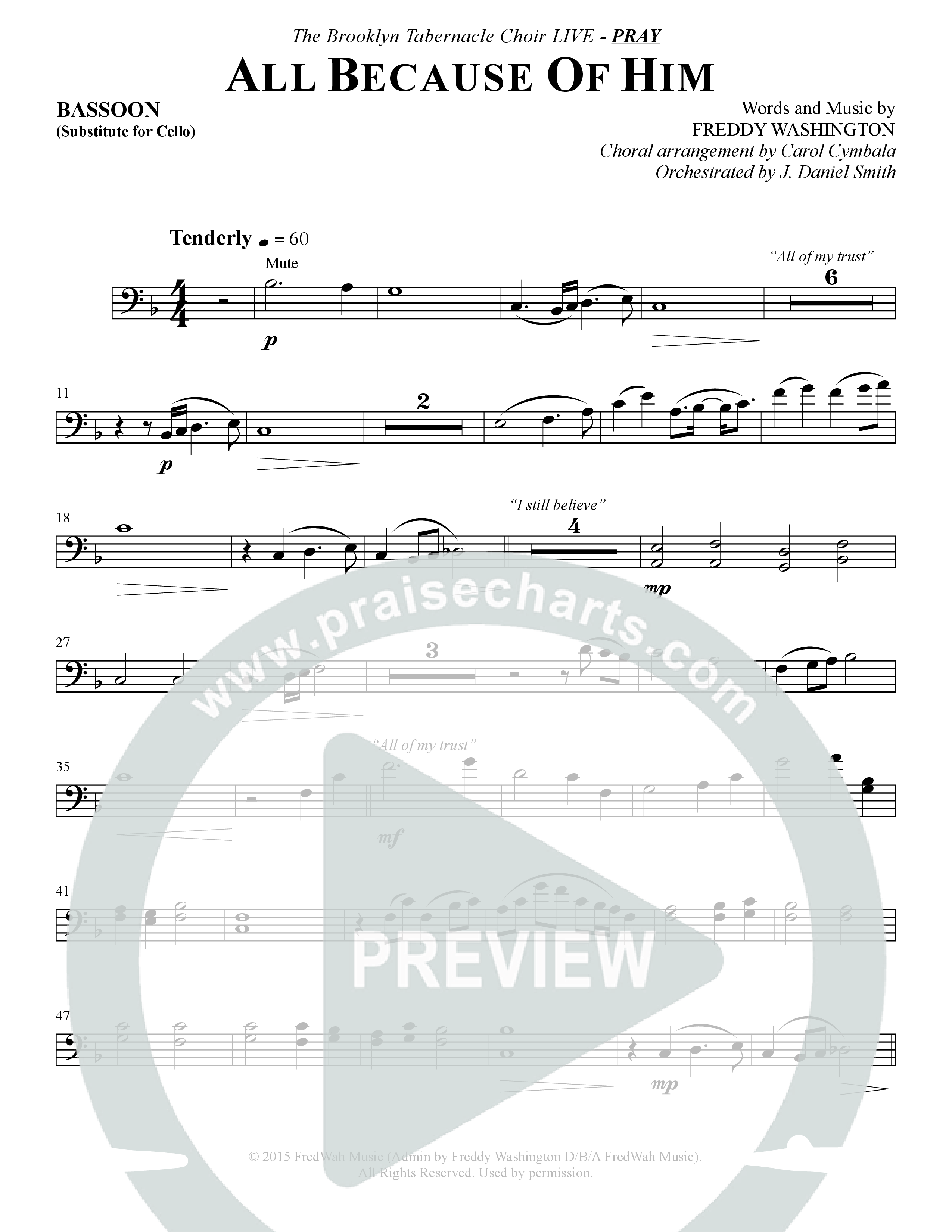 All Because Of Him (Choral Anthem SATB) Bassoon (The Brooklyn Tabernacle Choir / Arr. Carol Cymbala / Orch. J. Daniel Smith)