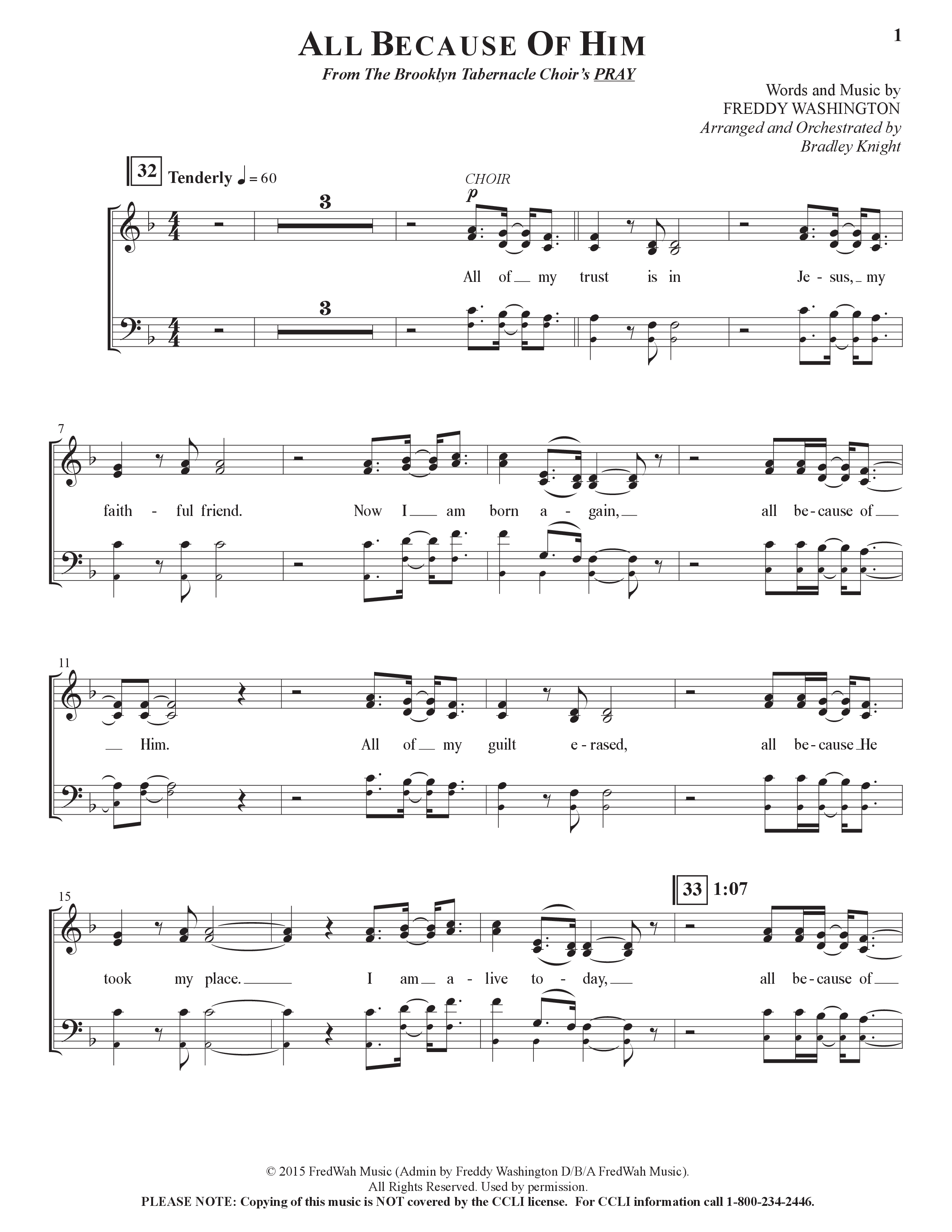 All Because Of Him (Choral Anthem SATB) Choir Sheet (SATB) (The Brooklyn Tabernacle Choir / Arr. Carol Cymbala / Orch. J. Daniel Smith)