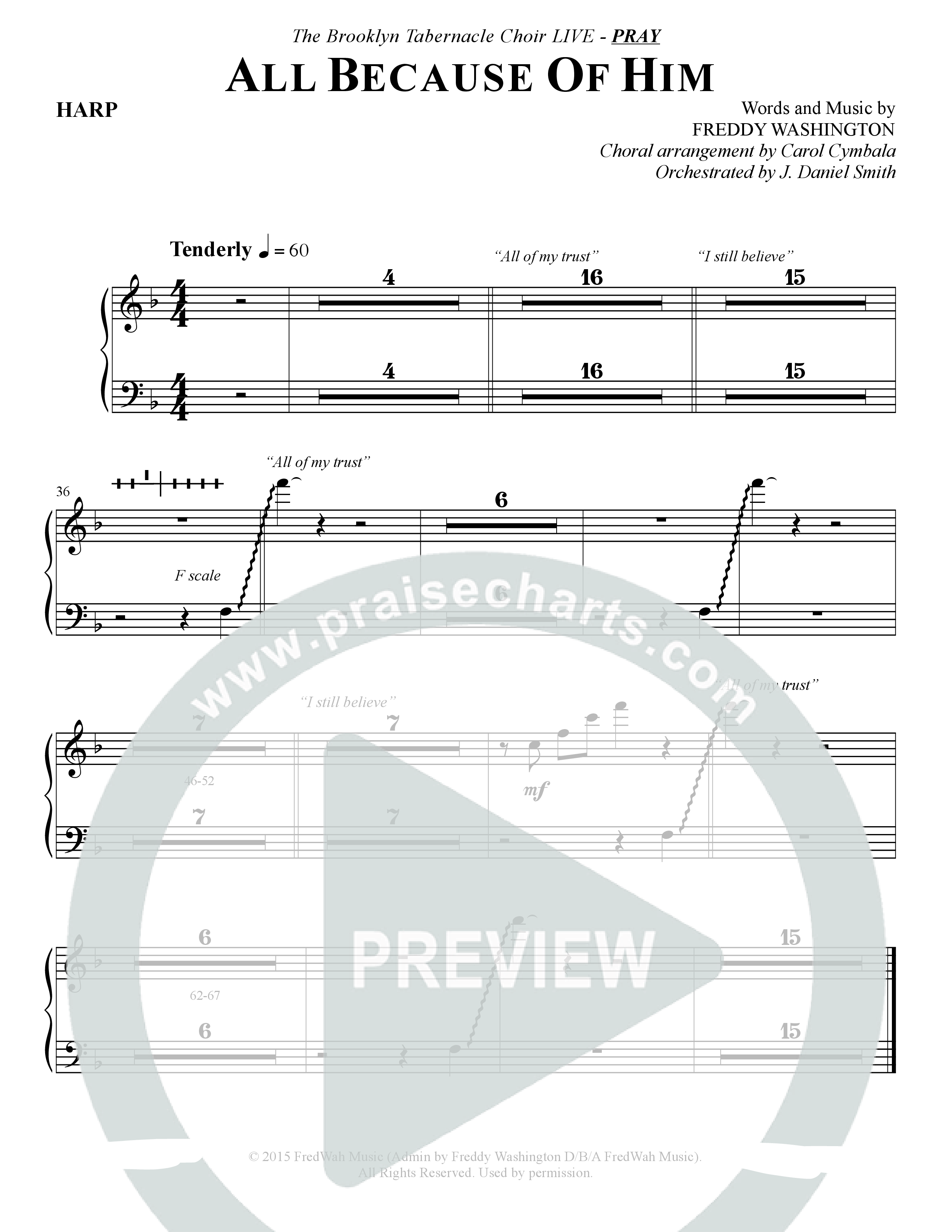 All Because Of Him (Choral Anthem SATB) Harp (The Brooklyn Tabernacle Choir / Arr. Carol Cymbala / Orch. J. Daniel Smith)