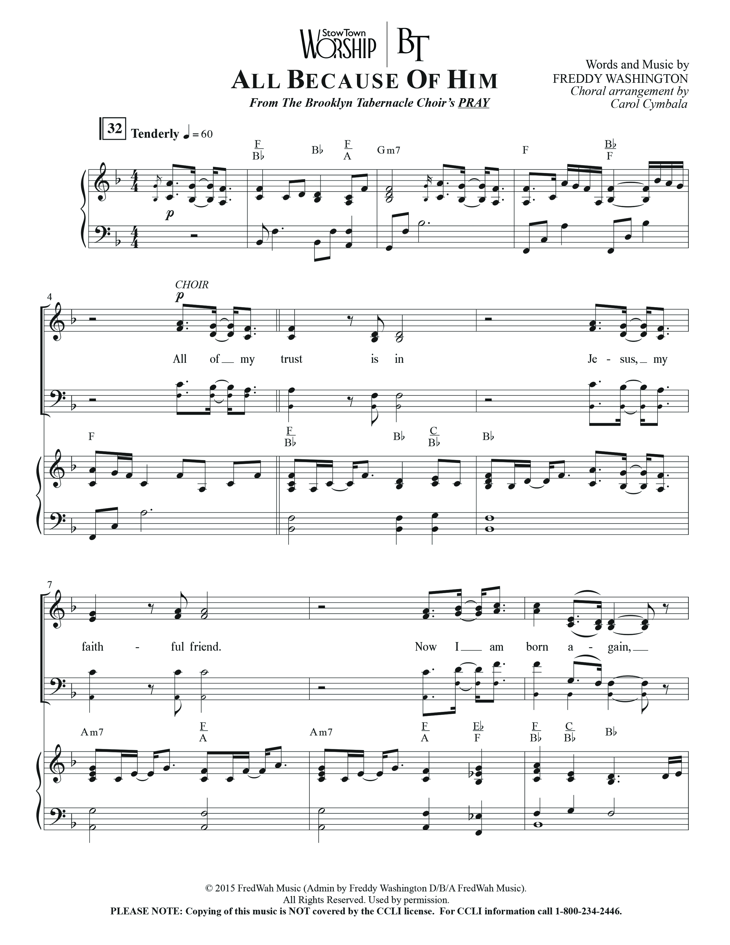 All Because Of Him (Choral Anthem SATB) Anthem (SATB/Piano) (The Brooklyn Tabernacle Choir / Arr. Carol Cymbala / Orch. J. Daniel Smith)