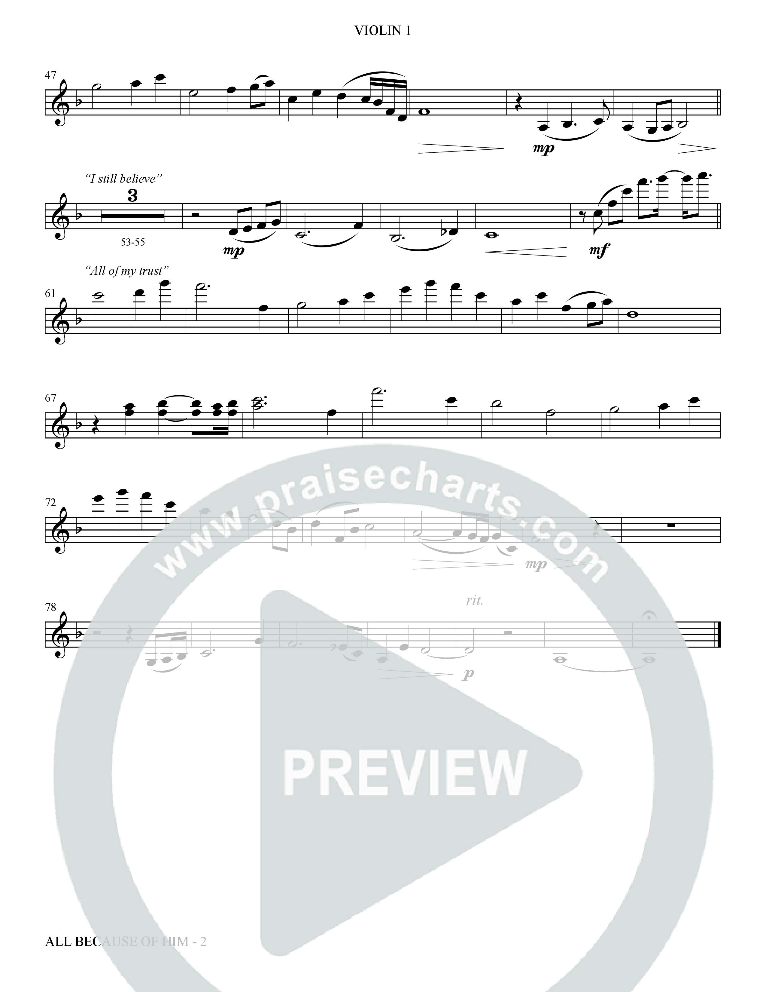 All Because Of Him (Choral Anthem SATB) Violin 1 (The Brooklyn Tabernacle Choir / Arr. Carol Cymbala / Orch. J. Daniel Smith)