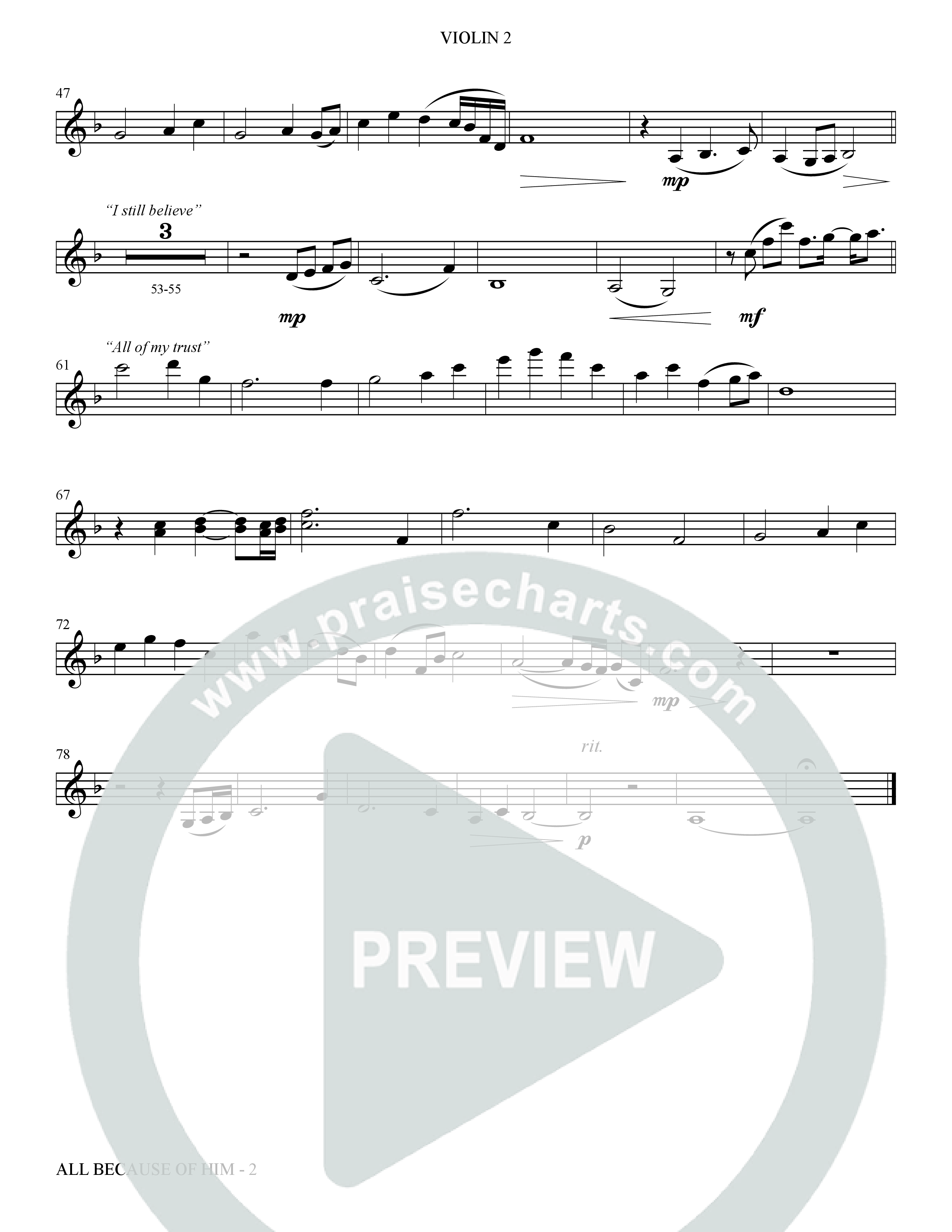 All Because Of Him (Choral Anthem SATB) Violin 2 (The Brooklyn Tabernacle Choir / Arr. Carol Cymbala / Orch. J. Daniel Smith)