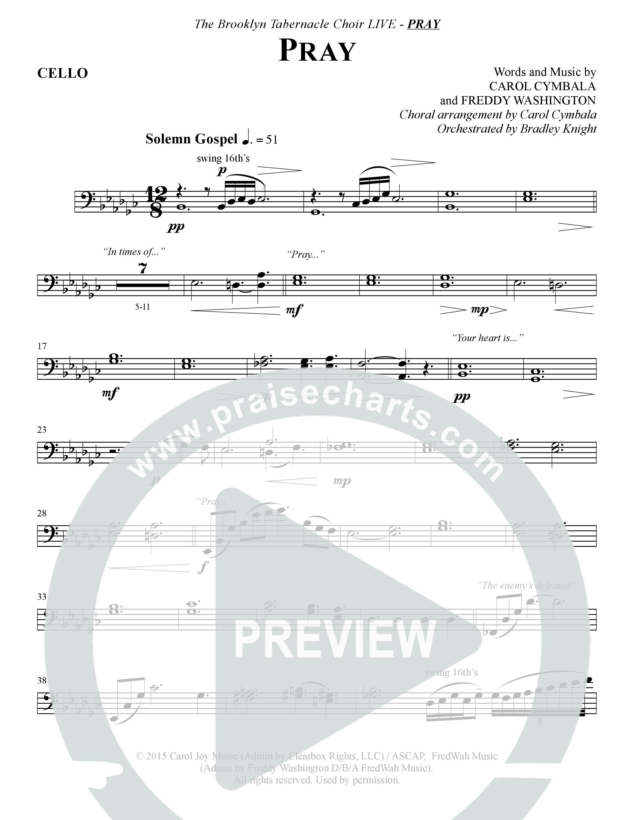 Pray (Choral Anthem SATB) Cello (The Brooklyn Tabernacle Choir / Arr. Carol Cymbala / Orch. Bradley Knight)