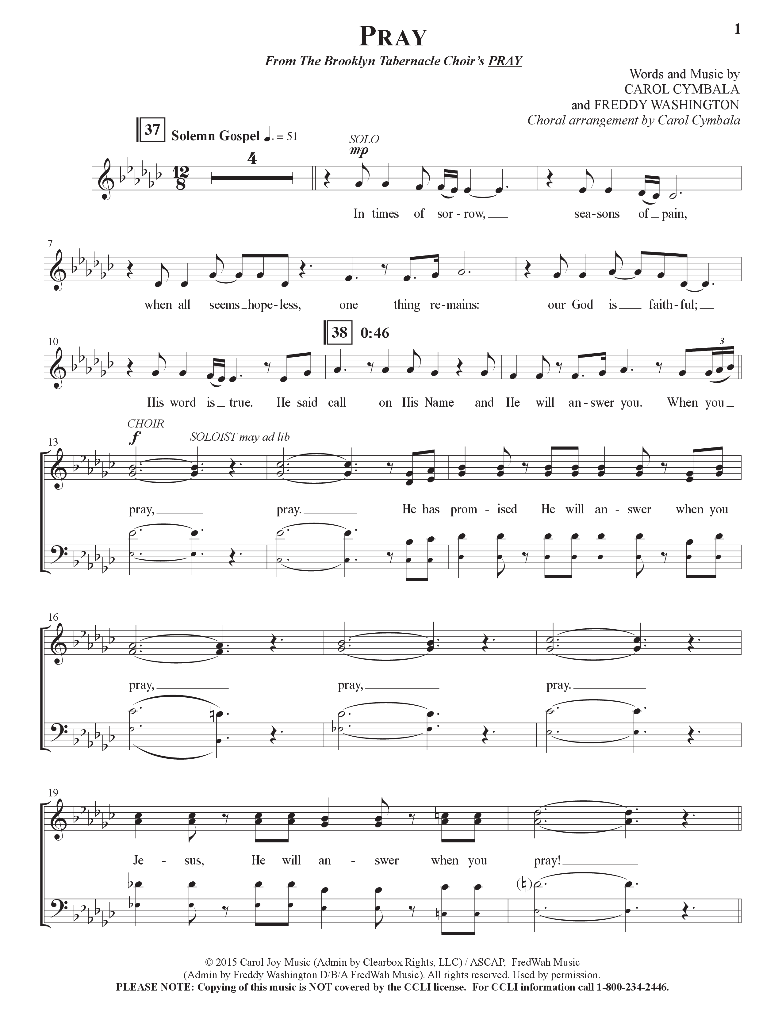 Pray (Choral Anthem SATB) Choir Sheet (SATB) (The Brooklyn Tabernacle Choir / Arr. Carol Cymbala / Orch. Bradley Knight)