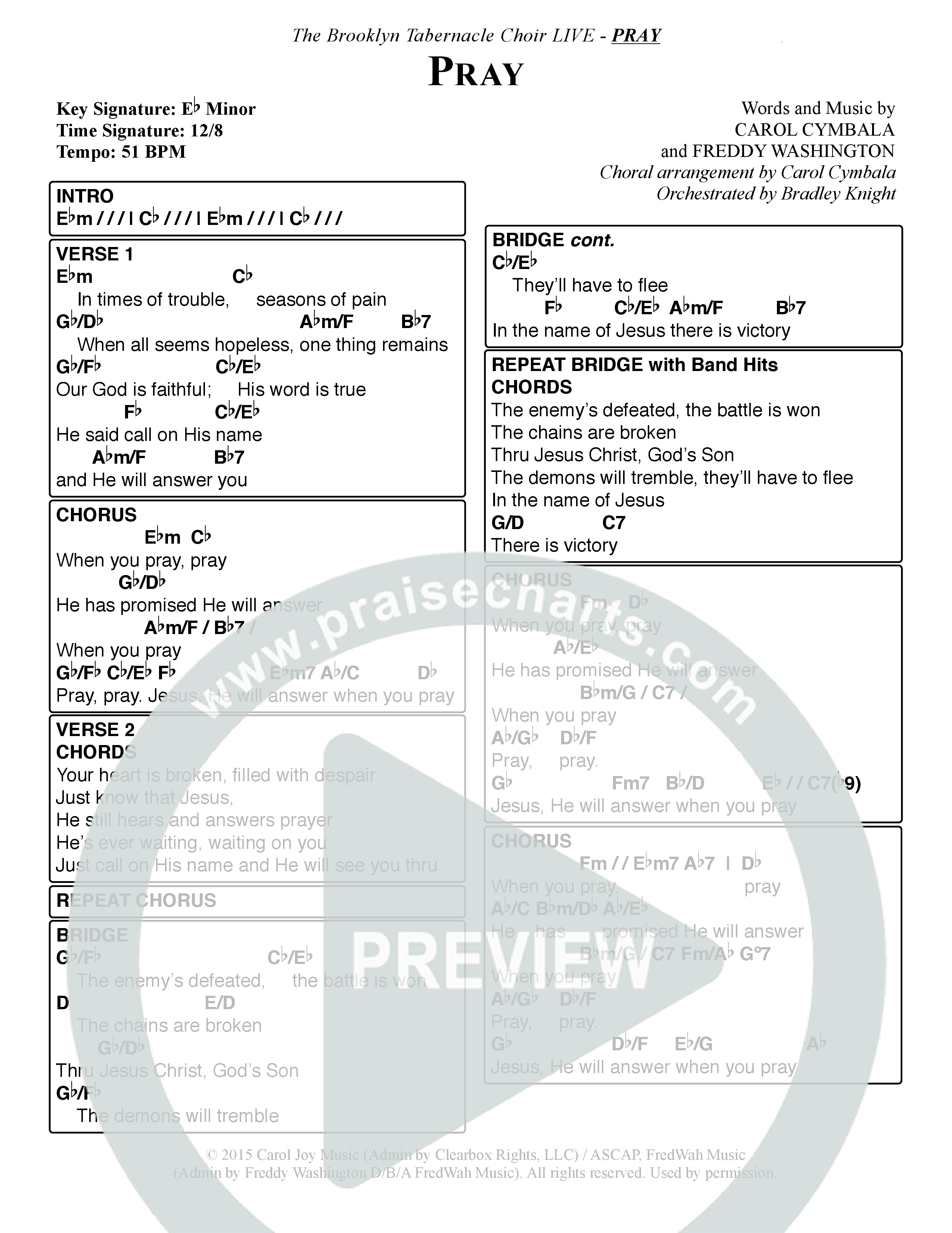 Pray (Choral Anthem SATB) Chord Chart (The Brooklyn Tabernacle Choir / Arr. Carol Cymbala / Orch. Bradley Knight)