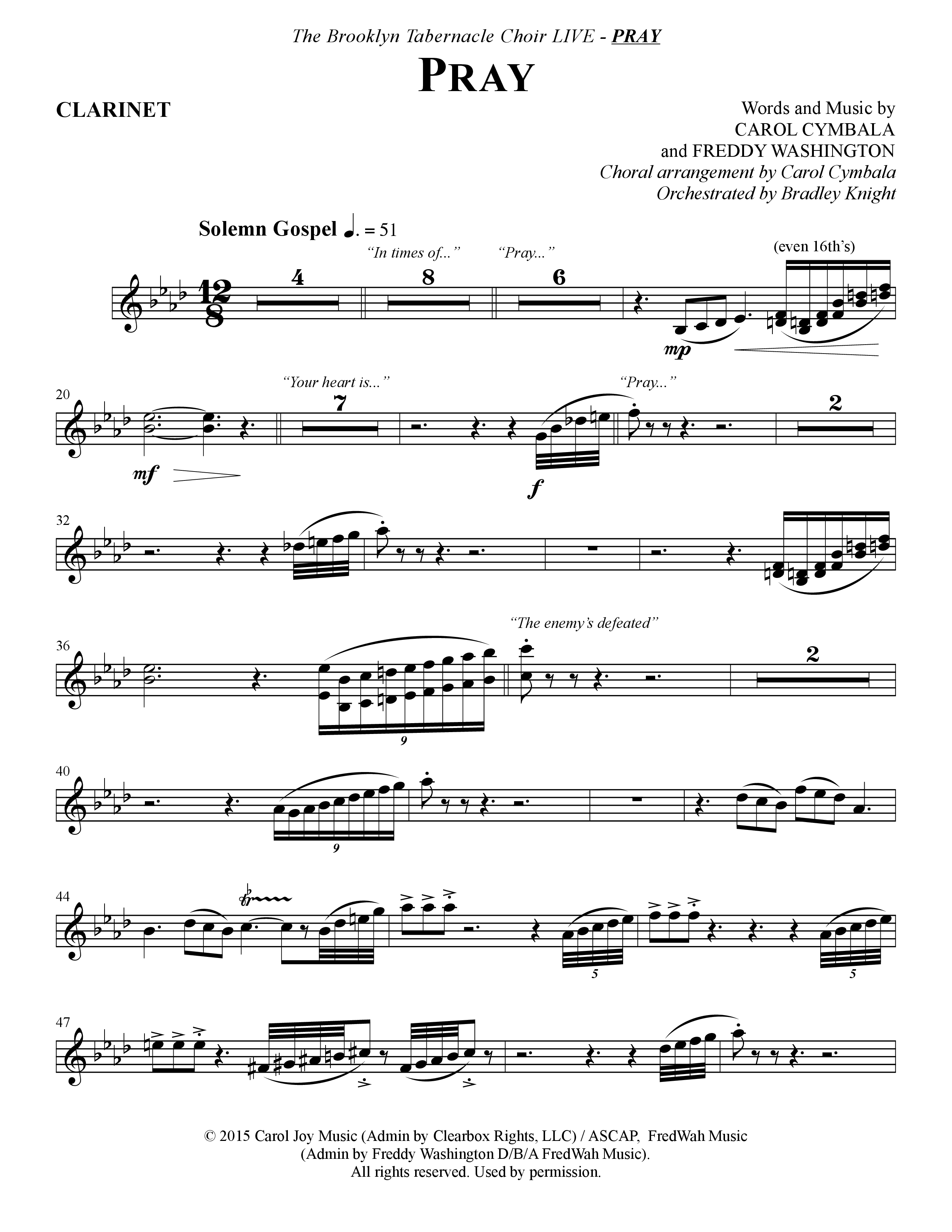 Pray (Choral Anthem SATB) Clarinet (The Brooklyn Tabernacle Choir / Arr. Carol Cymbala / Orch. Bradley Knight)