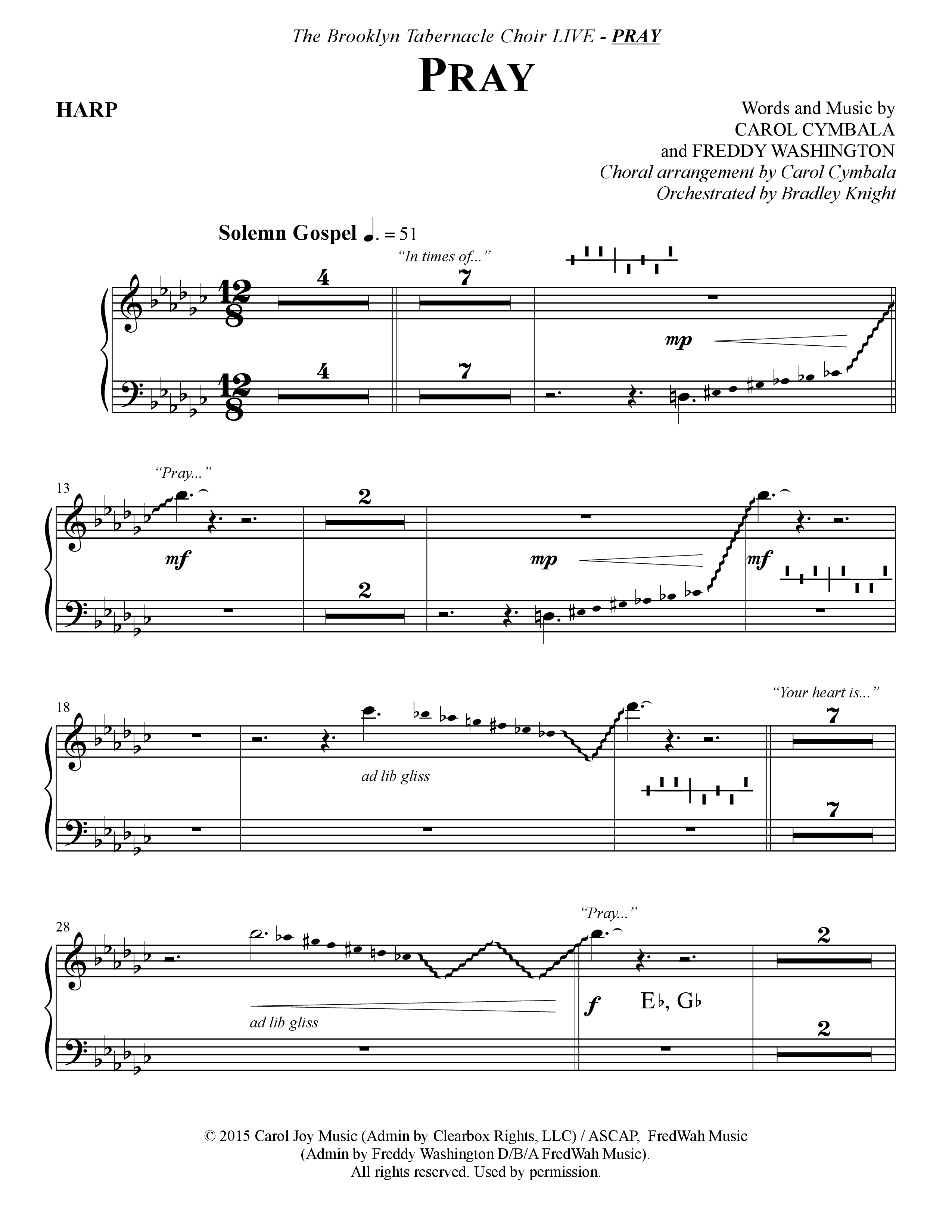 Pray (Choral Anthem SATB) Harp (The Brooklyn Tabernacle Choir / Arr. Carol Cymbala / Orch. Bradley Knight)