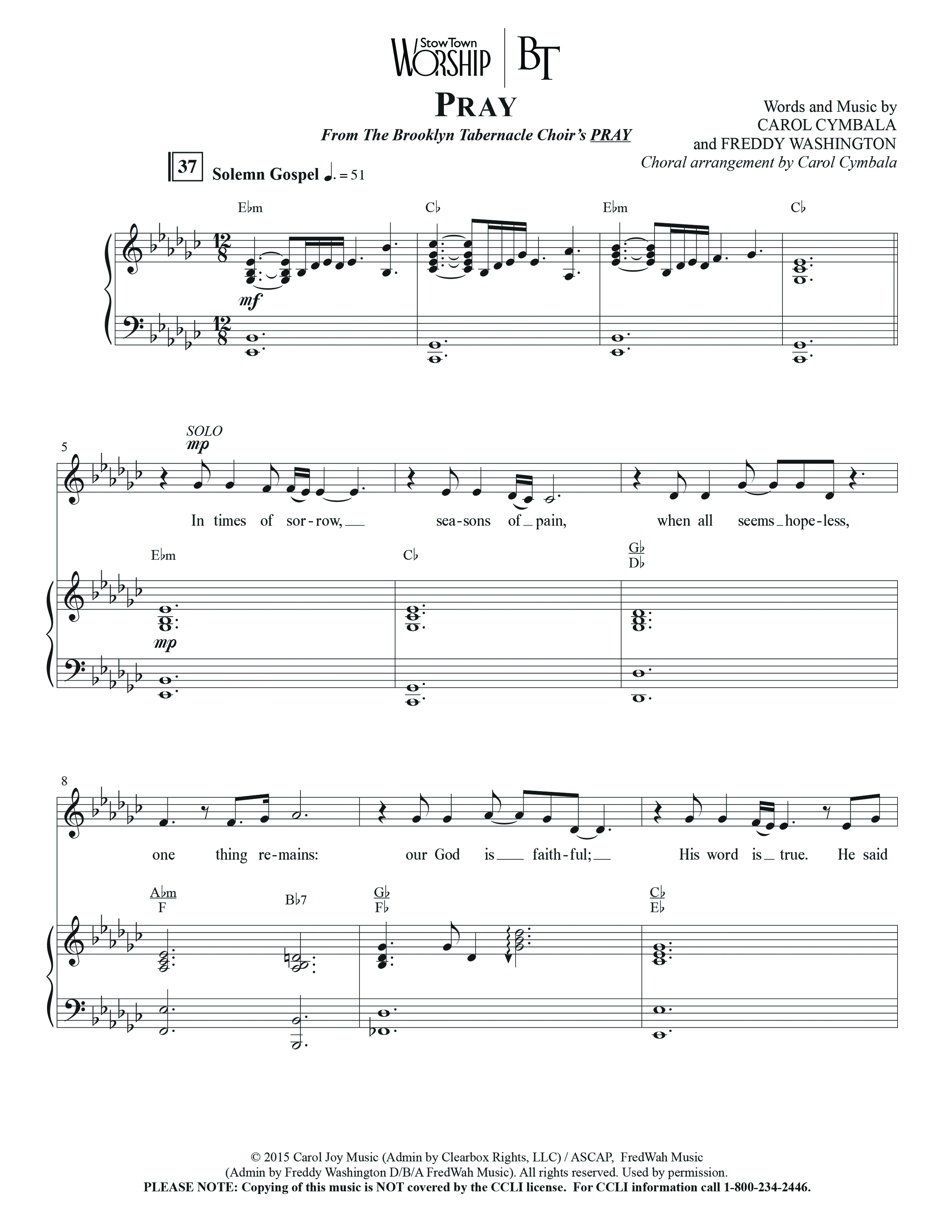 Pray (Choral Anthem SATB) Anthem (SATB/Piano) (The Brooklyn Tabernacle Choir / Arr. Carol Cymbala / Orch. Bradley Knight)