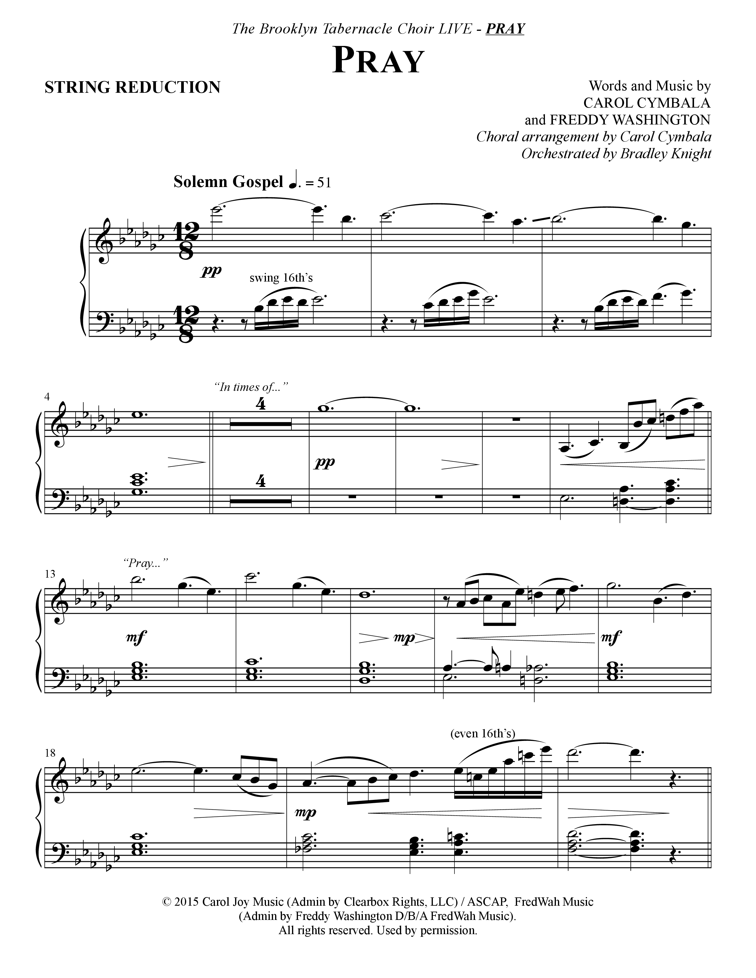 Pray (Choral Anthem SATB) String Reduction (The Brooklyn Tabernacle Choir / Arr. Carol Cymbala / Orch. Bradley Knight)