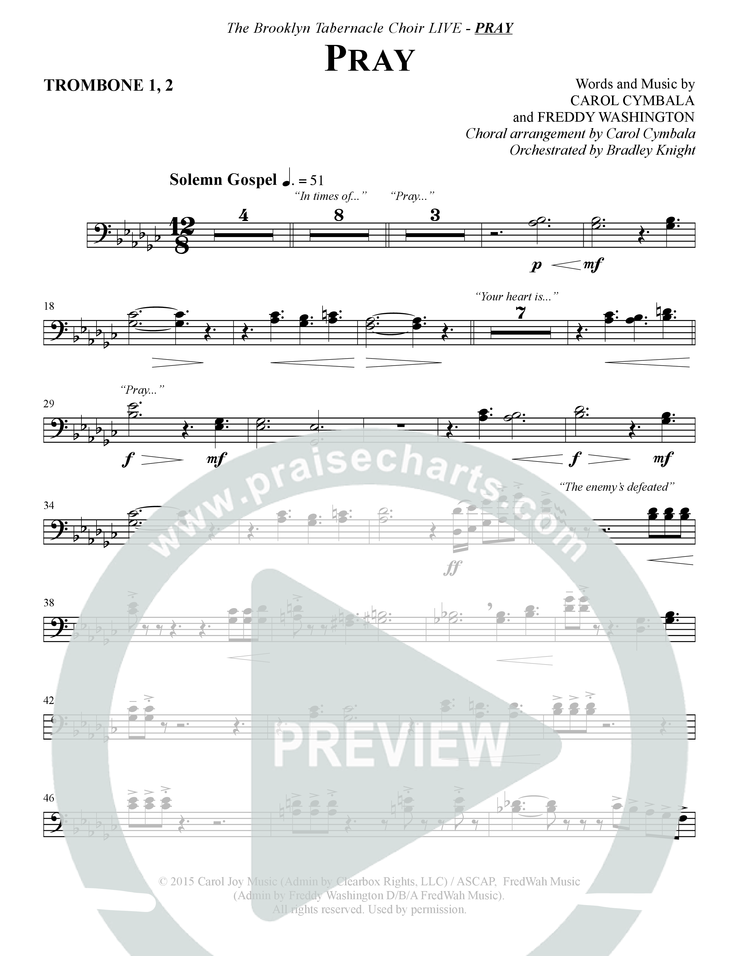 Pray (Choral Anthem SATB) Trombone 1/2 (The Brooklyn Tabernacle Choir / Arr. Carol Cymbala / Orch. Bradley Knight)