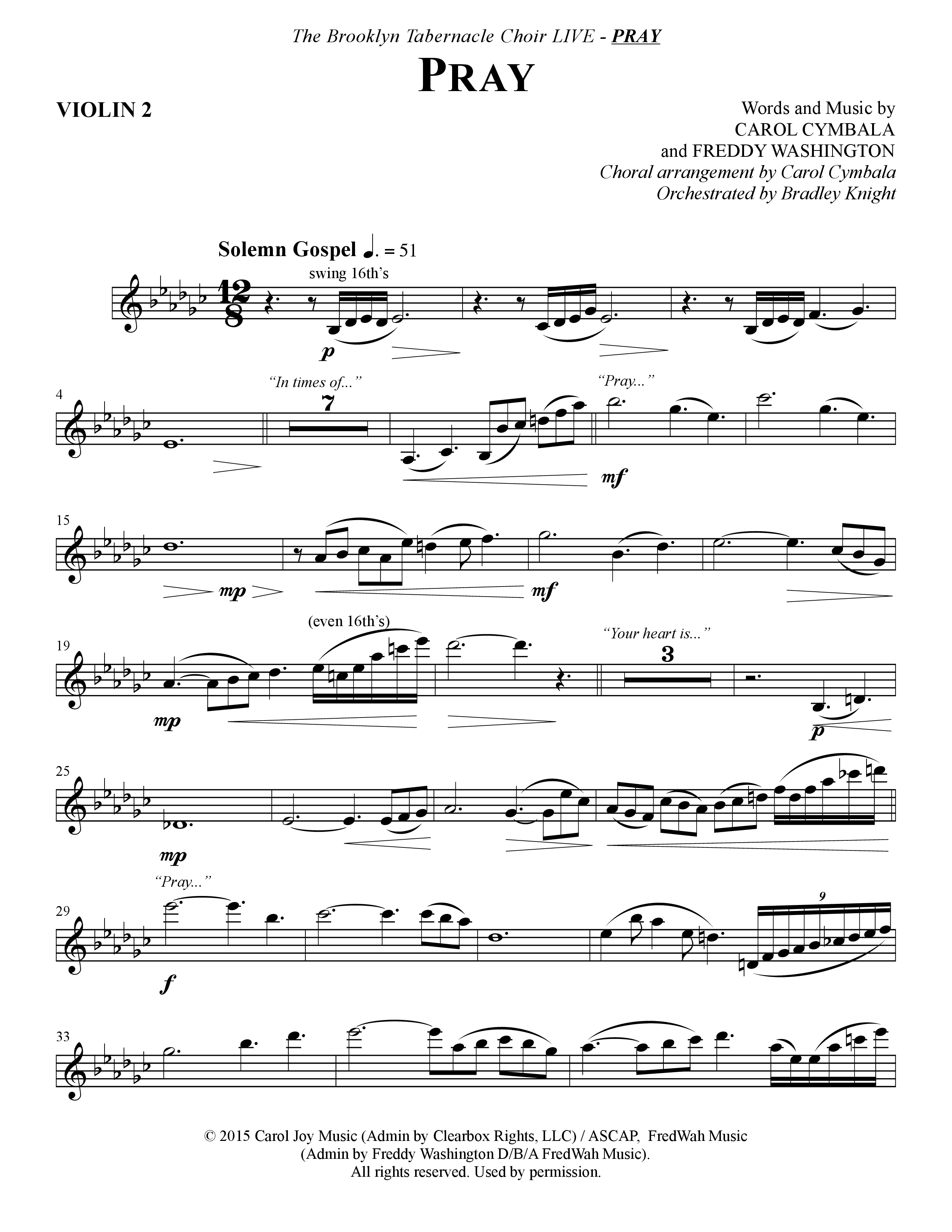 Pray (Choral Anthem SATB) Violin 2 (The Brooklyn Tabernacle Choir / Arr. Carol Cymbala / Orch. Bradley Knight)