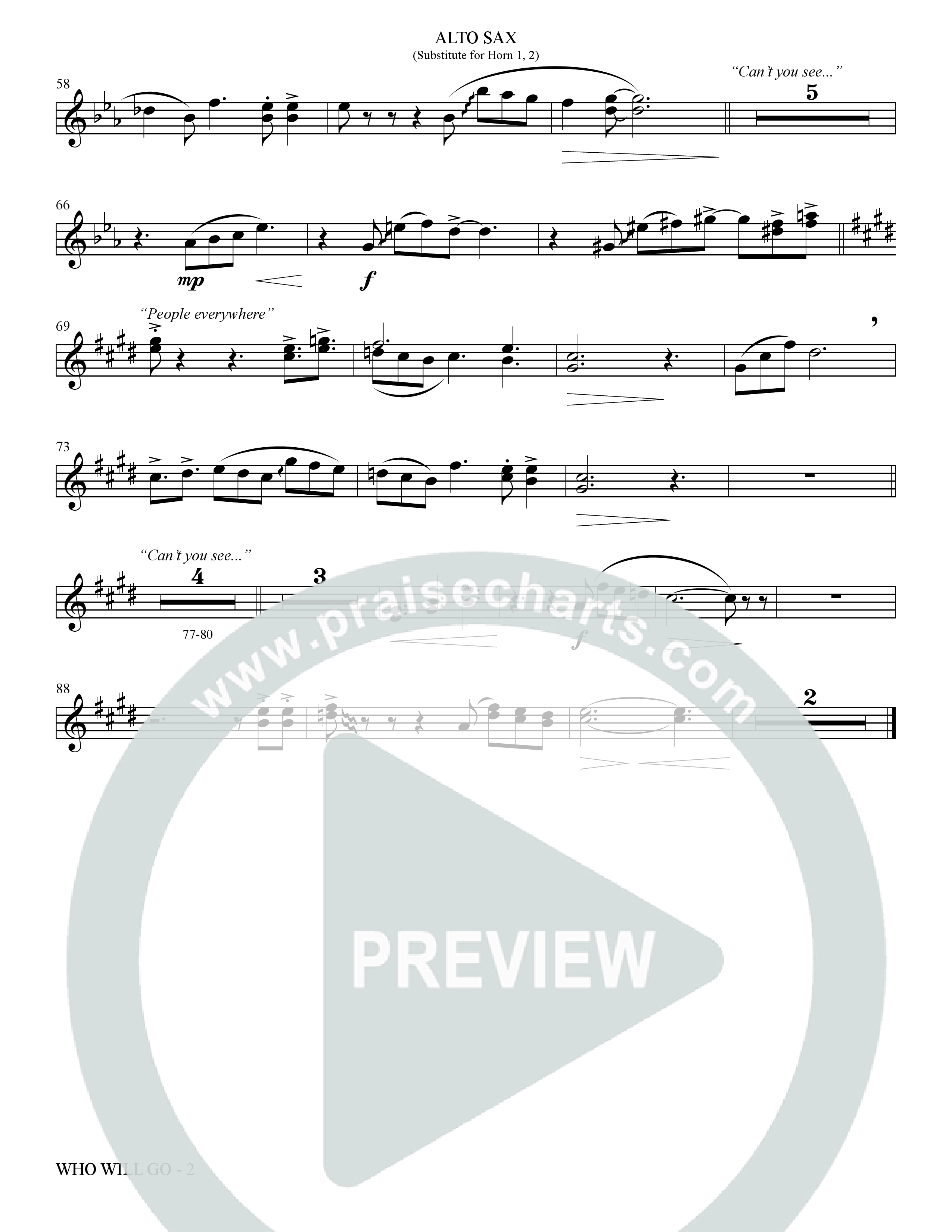 Who Will Go (Choral Anthem SATB) Alto Sax (The Brooklyn Tabernacle Choir / Arr. Carol Cymbala / Orch. Bradley Knight / Orch. Oliver Wells)