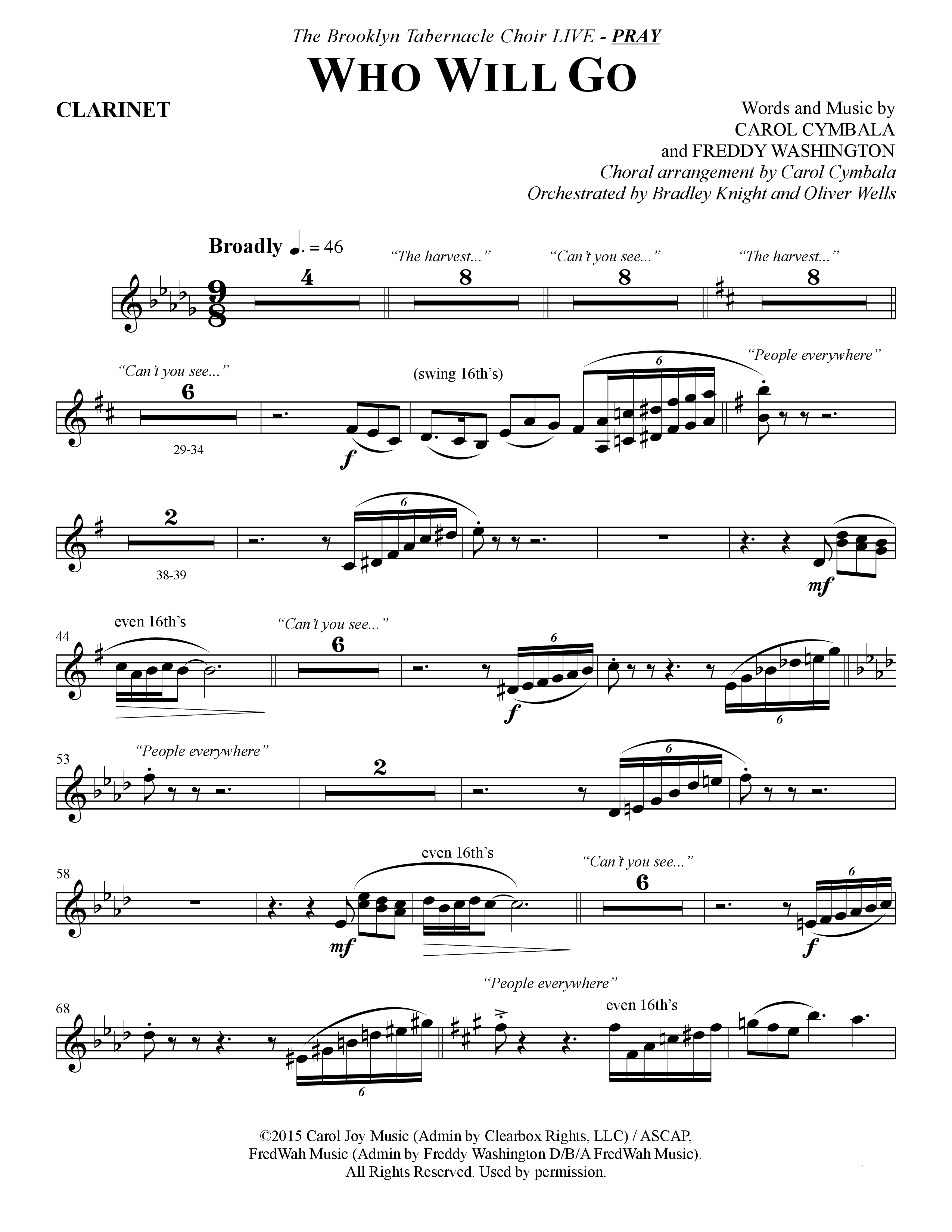 Who Will Go (Choral Anthem SATB) Clarinet (The Brooklyn Tabernacle Choir / Arr. Carol Cymbala / Orch. Bradley Knight / Orch. Oliver Wells)