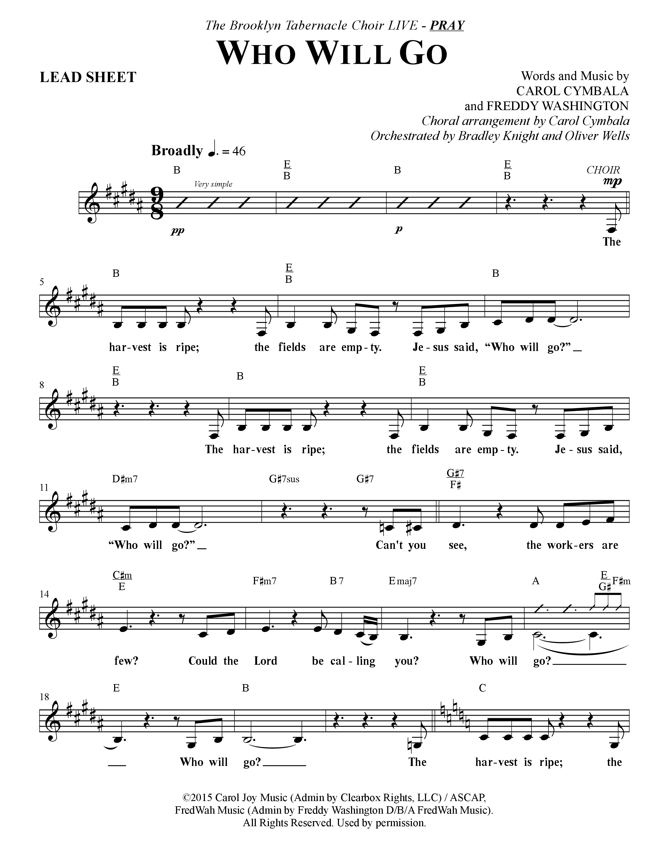Who Will Go (Choral Anthem SATB) Lead Sheet (Melody) (The Brooklyn Tabernacle Choir / Arr. Carol Cymbala / Orch. Bradley Knight / Orch. Oliver Wells)