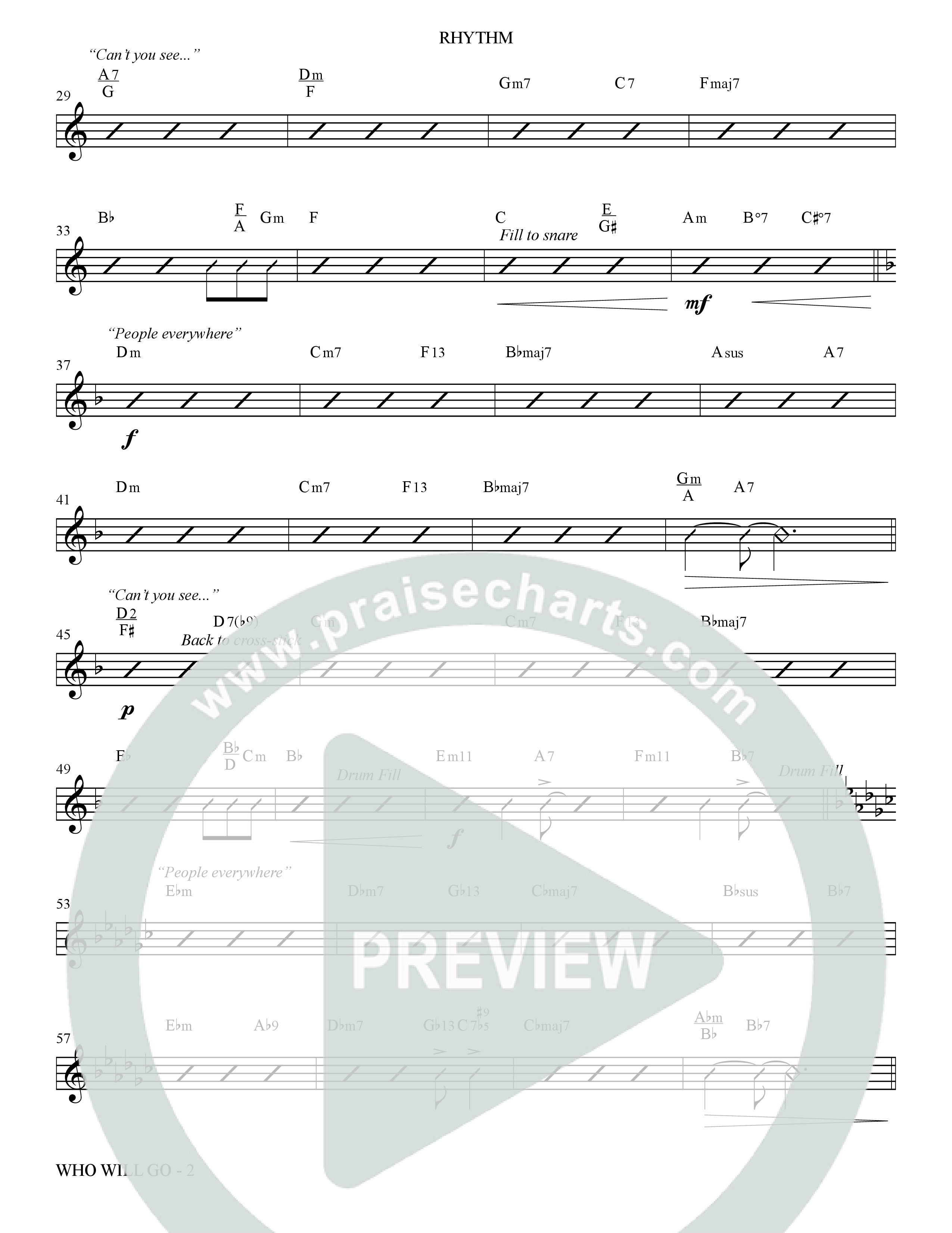 Who Will Go (Choral Anthem SATB) Rhythm Chart (The Brooklyn Tabernacle Choir / Arr. Carol Cymbala / Orch. Bradley Knight / Orch. Oliver Wells)
