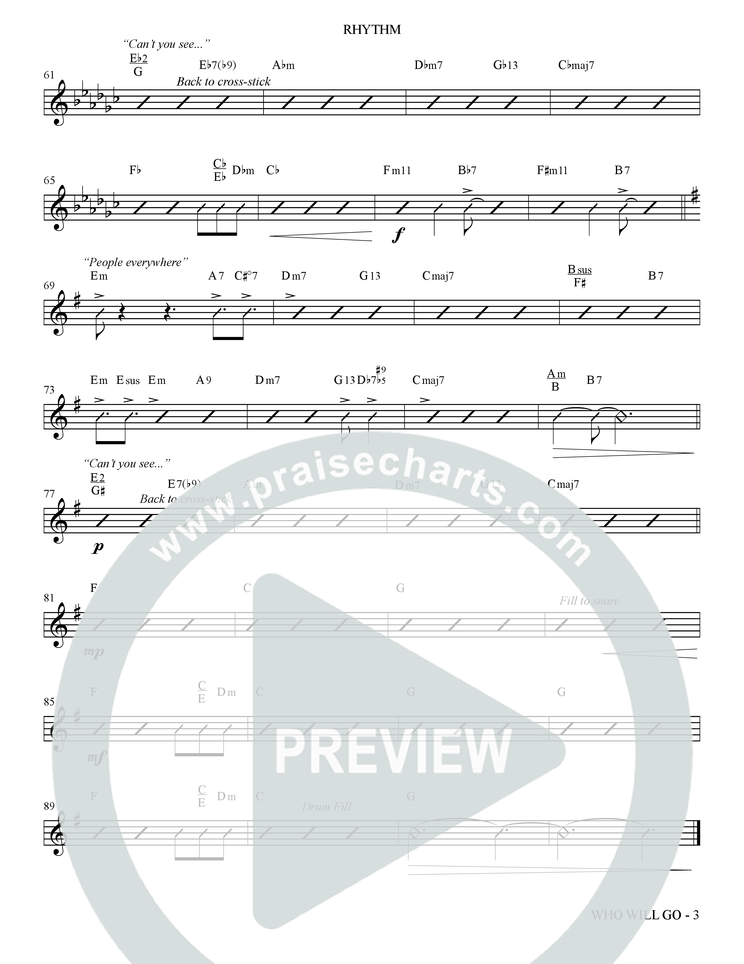 Who Will Go (Choral Anthem SATB) Rhythm Chart (The Brooklyn Tabernacle Choir / Arr. Carol Cymbala / Orch. Bradley Knight / Orch. Oliver Wells)