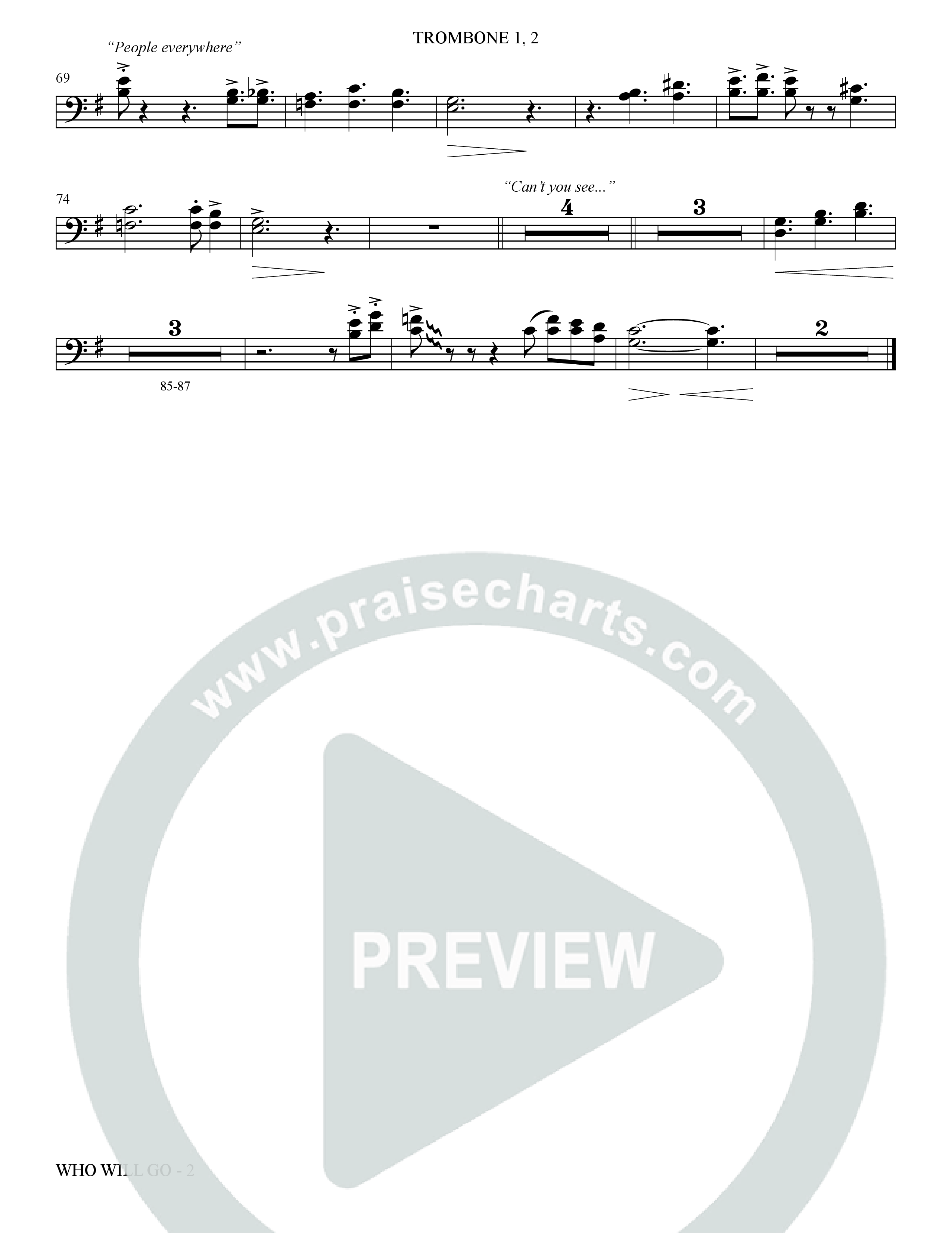 Who Will Go (Choral Anthem SATB) Trombone 1/2 (The Brooklyn Tabernacle Choir / Arr. Carol Cymbala / Orch. Bradley Knight / Orch. Oliver Wells)