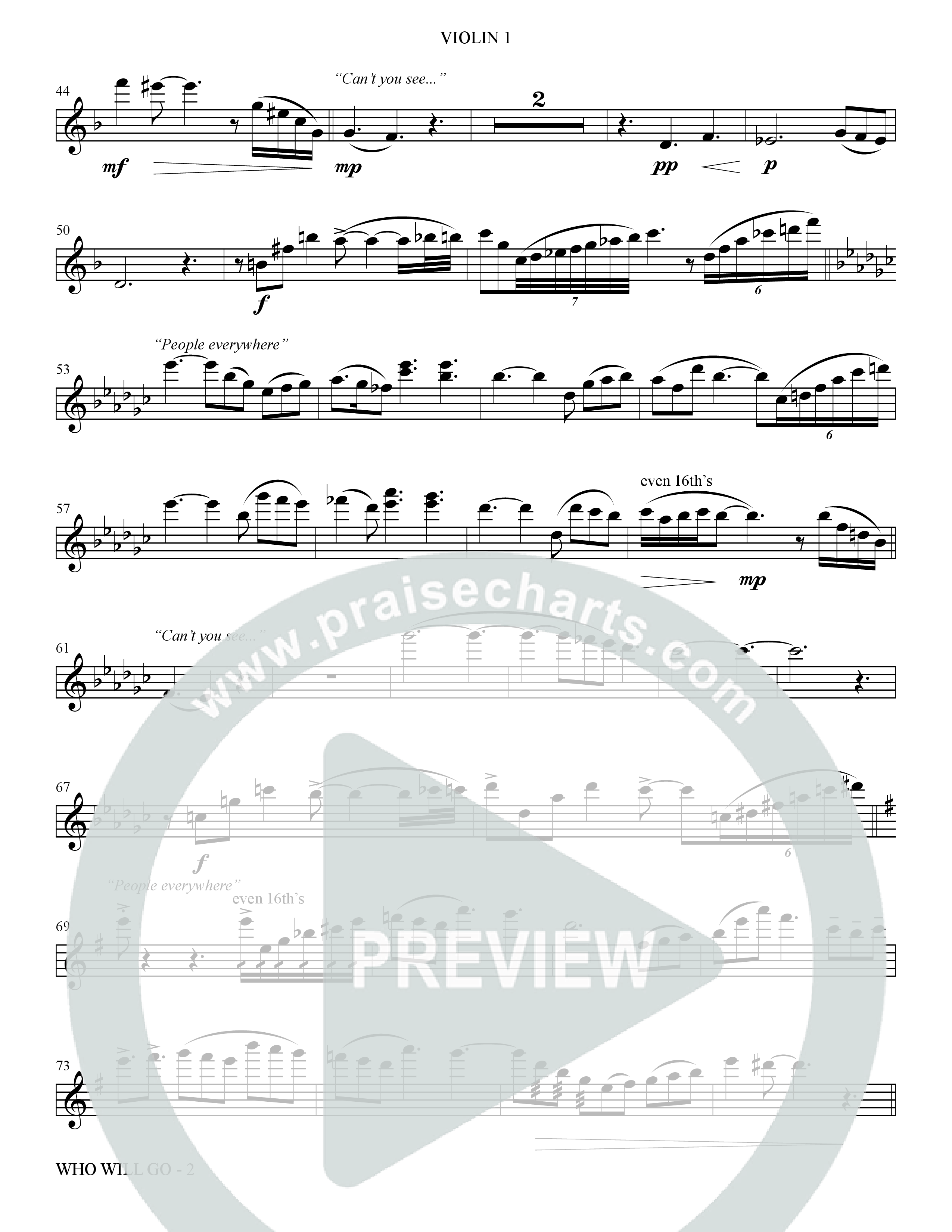 Who Will Go (Choral Anthem SATB) Violin 1 (The Brooklyn Tabernacle Choir / Arr. Carol Cymbala / Orch. Bradley Knight / Orch. Oliver Wells)