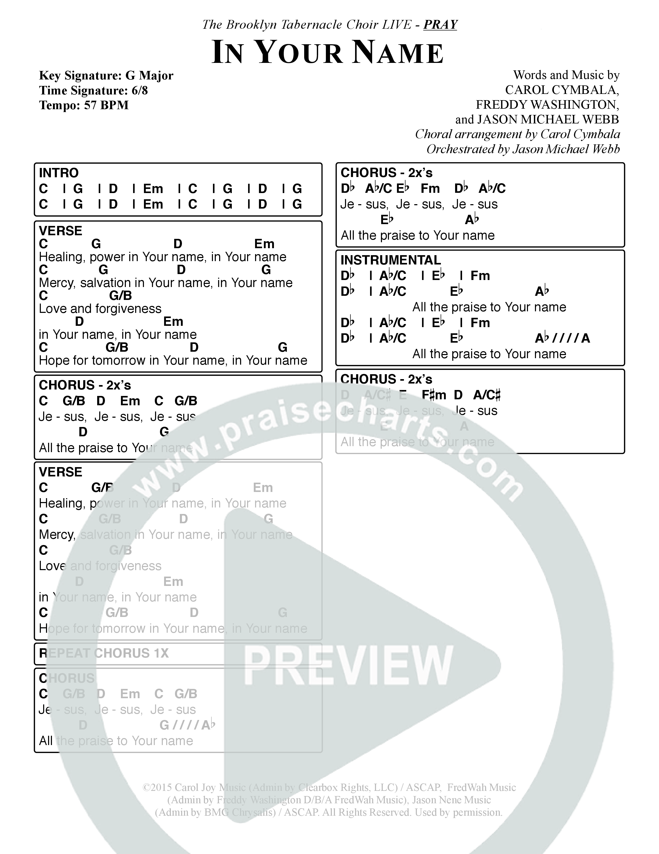 In Your Name (Choral Anthem SATB) Chord Chart (The Brooklyn Tabernacle Choir / Arr. Carol Cymbala / Orch. Jason Michael Webb)