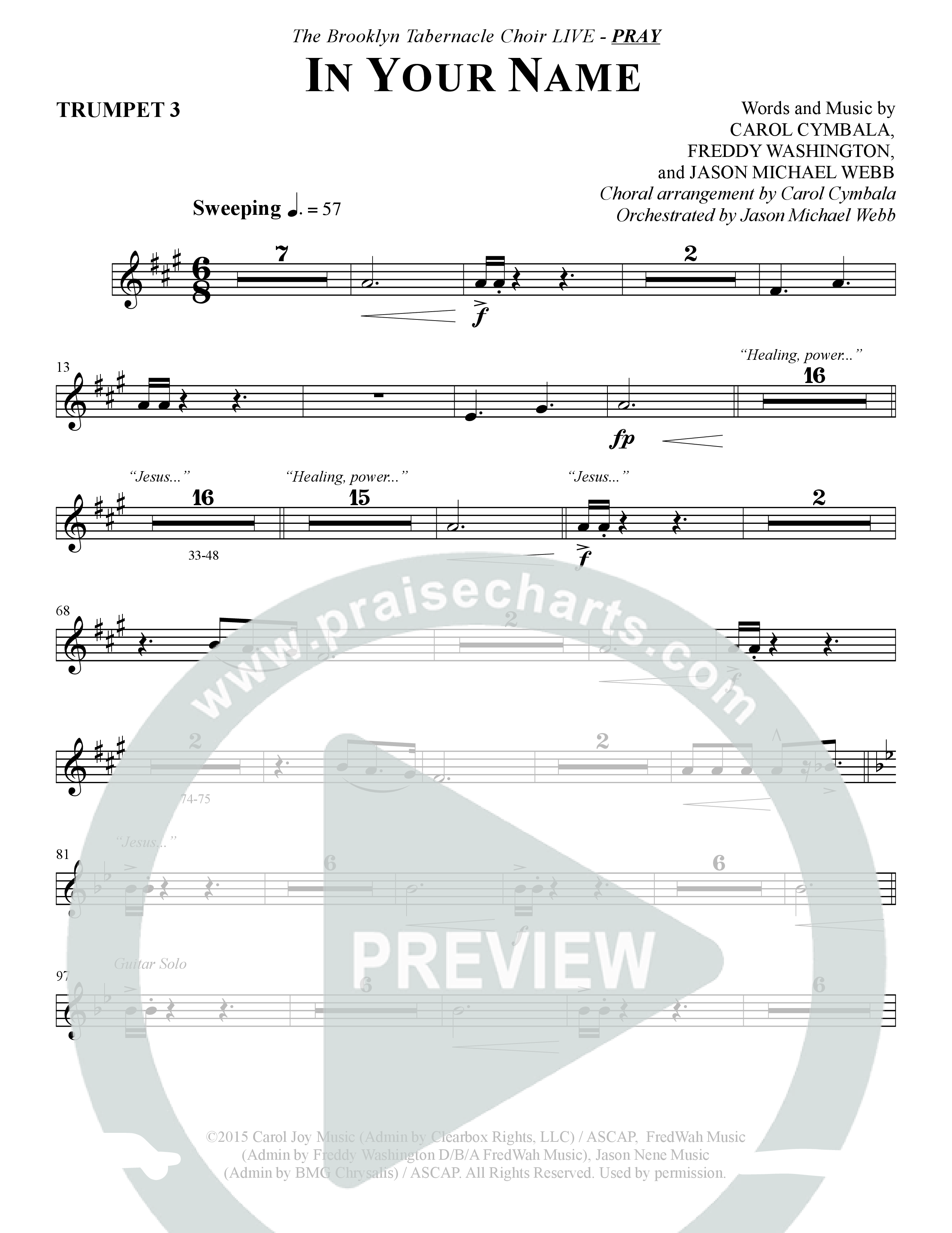 In Your Name (Choral Anthem SATB) Trumpet 3 (The Brooklyn Tabernacle Choir / Arr. Carol Cymbala / Orch. Jason Michael Webb)