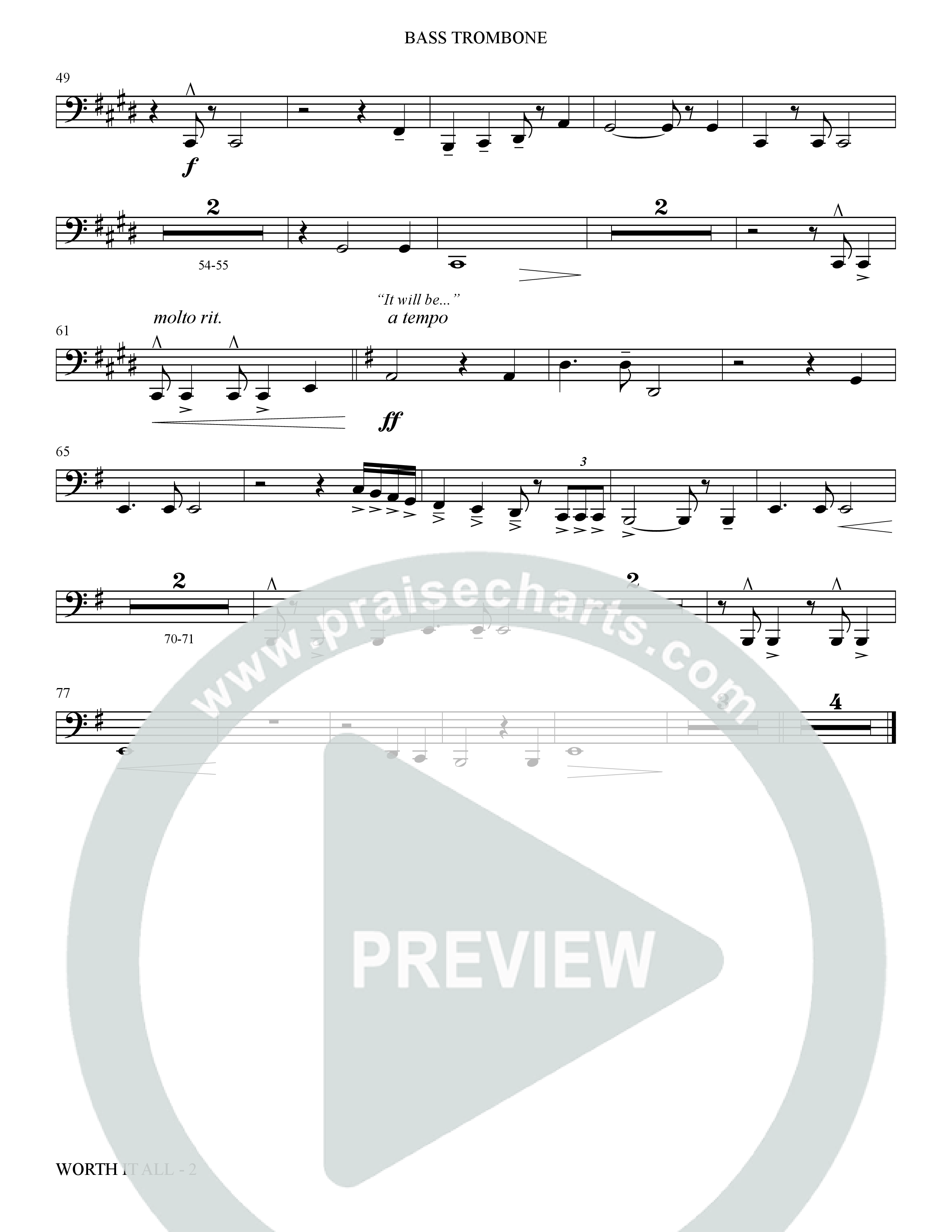 Worth It All (Choral Anthem SATB) Bass Trombone (The Brooklyn Tabernacle Choir / Arr. Carol Cymbala / Orch. J. Daniel Smith)