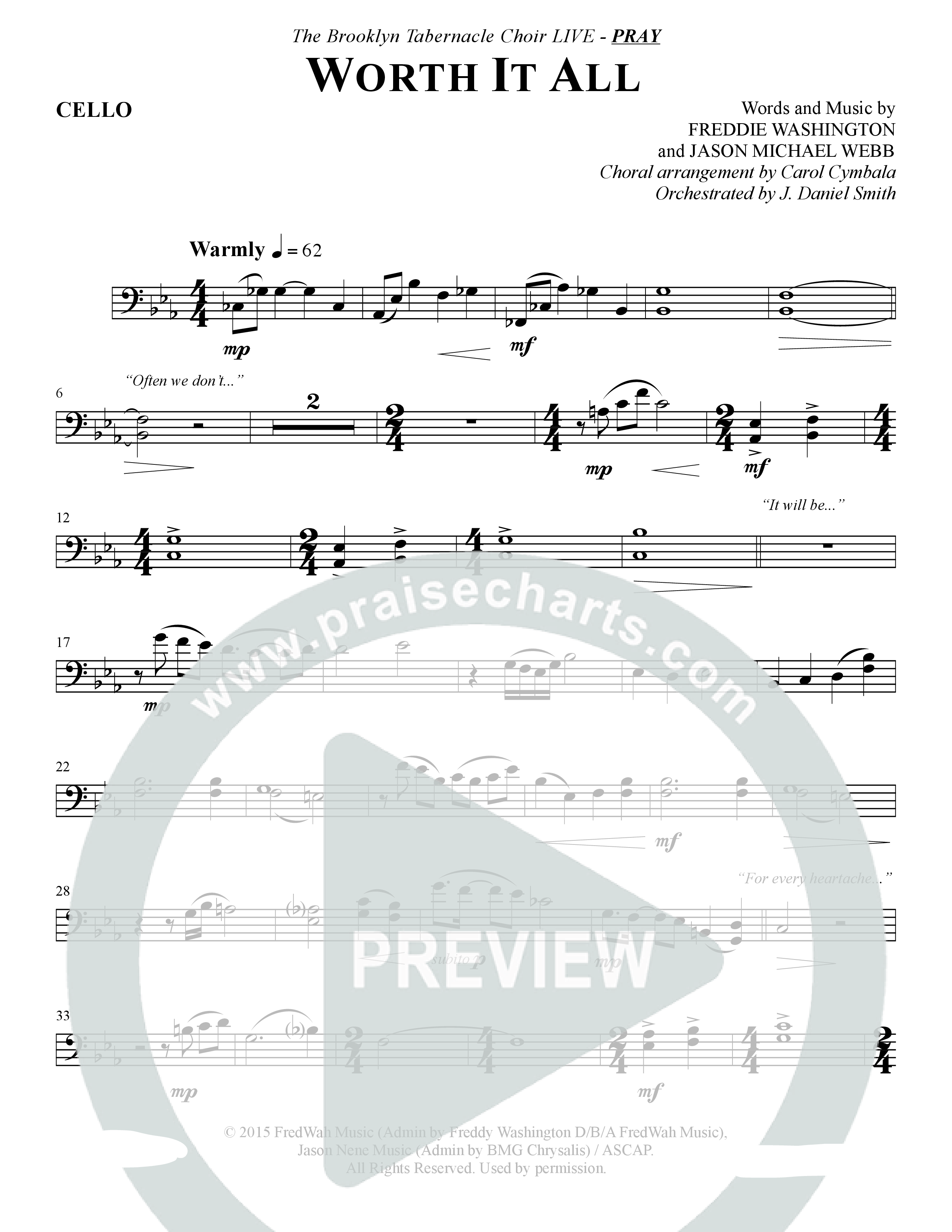 Worth It All (Choral Anthem SATB) Cello (The Brooklyn Tabernacle Choir / Arr. Carol Cymbala / Orch. J. Daniel Smith)