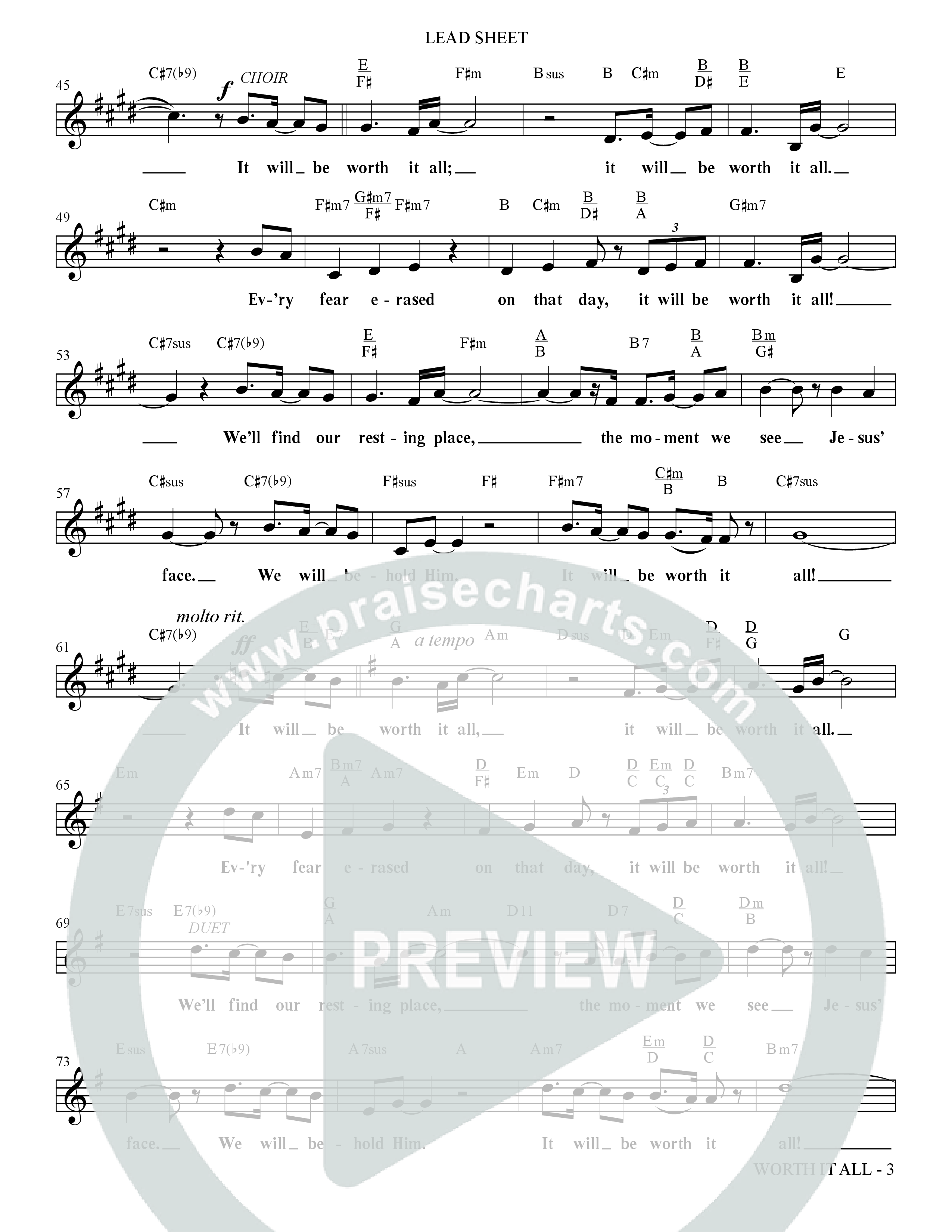 Worth It All (Choral Anthem SATB) Lead Sheet (Melody) (The Brooklyn Tabernacle Choir / Arr. Carol Cymbala / Orch. J. Daniel Smith)