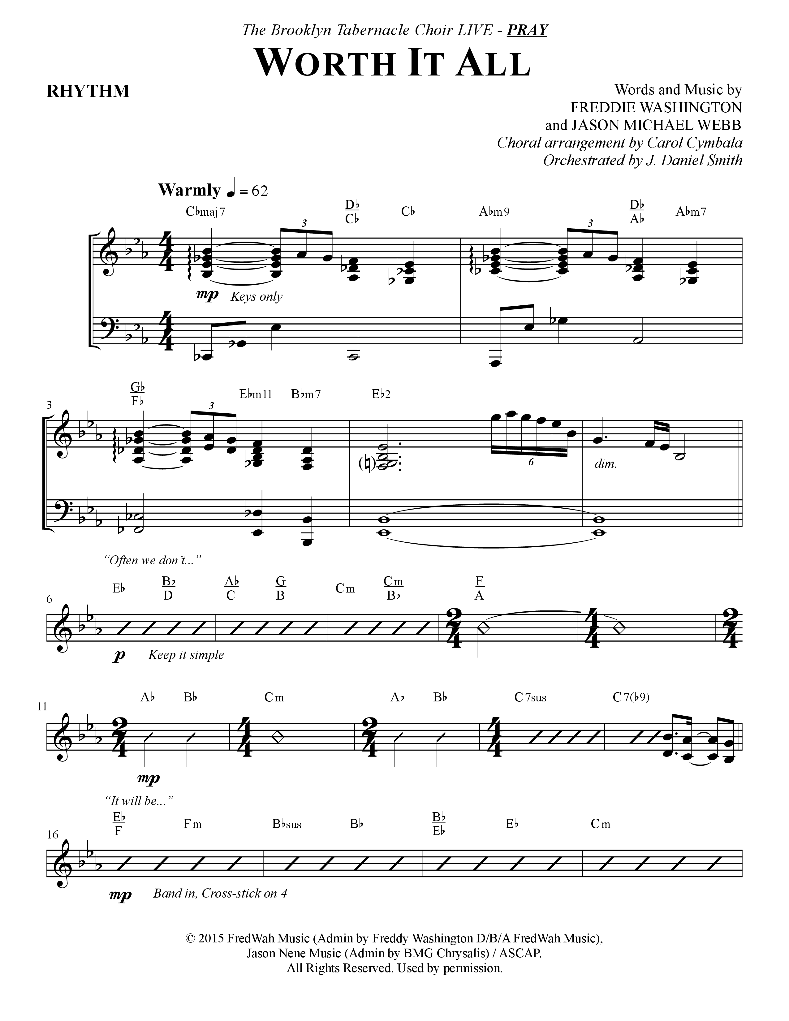 Worth It All (Choral Anthem SATB) Rhythm Chart (The Brooklyn Tabernacle Choir / Arr. Carol Cymbala / Orch. J. Daniel Smith)