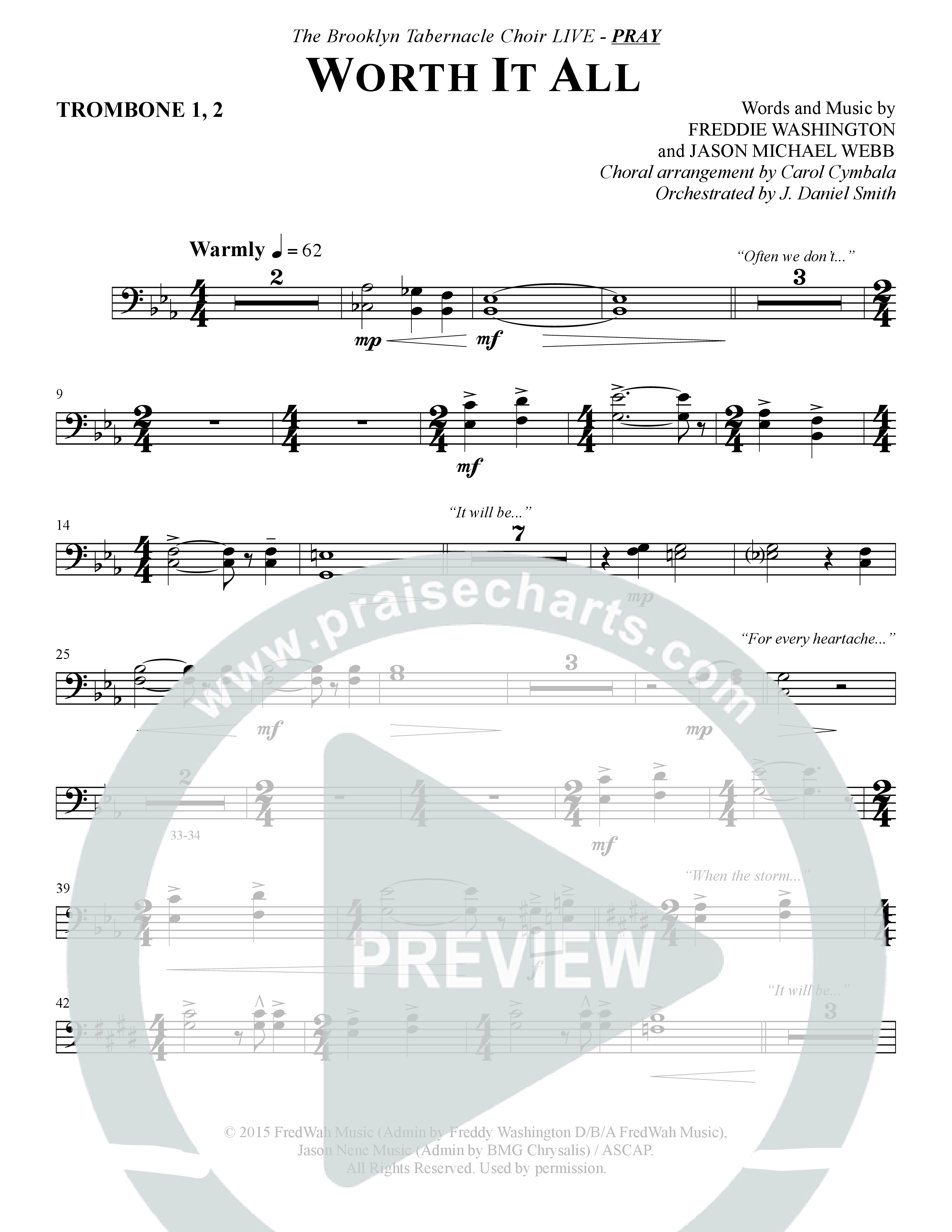 Worth It All (Choral Anthem SATB) Trombone 1/2 (The Brooklyn Tabernacle Choir / Arr. Carol Cymbala / Orch. J. Daniel Smith)
