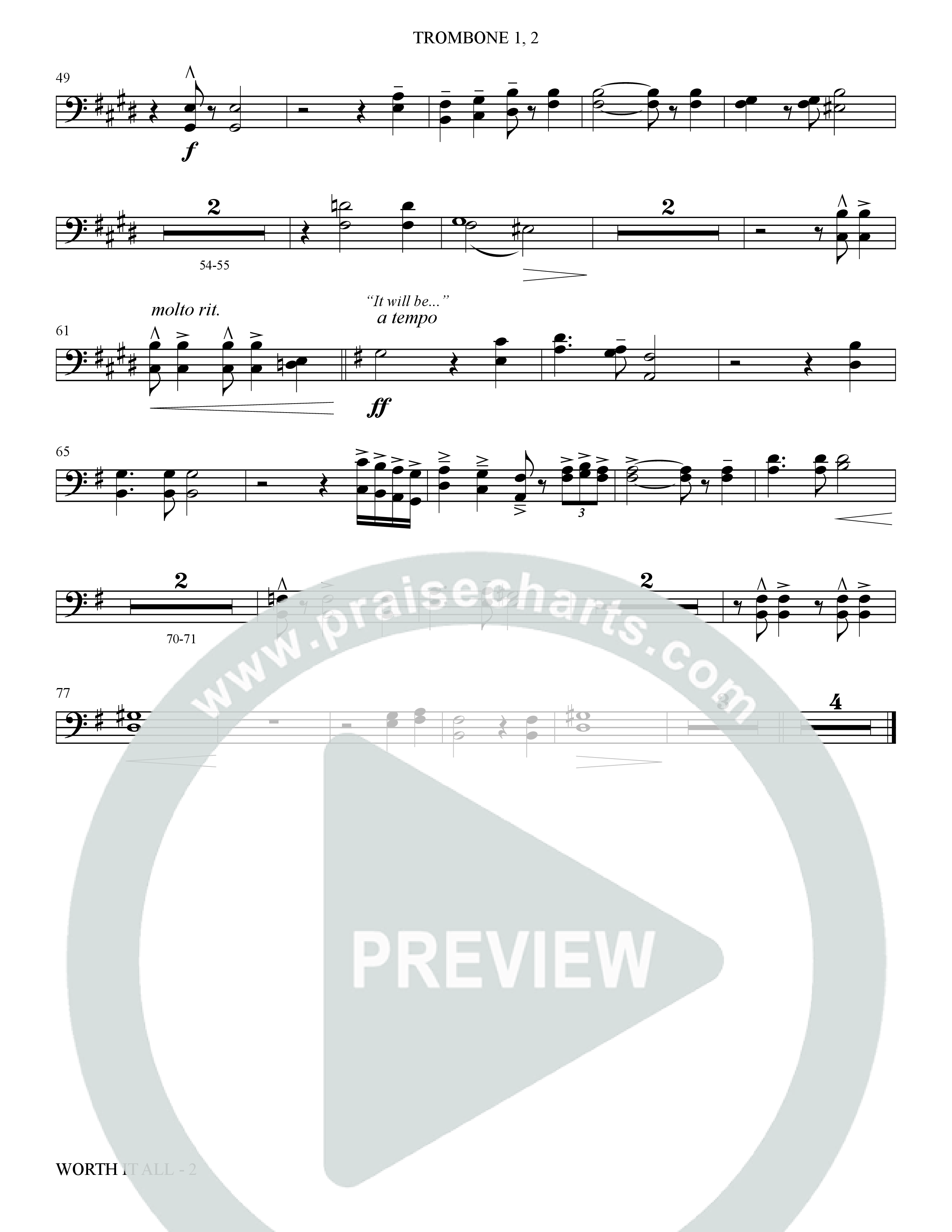 Worth It All (Choral Anthem SATB) Trombone 1/2 (The Brooklyn Tabernacle Choir / Arr. Carol Cymbala / Orch. J. Daniel Smith)