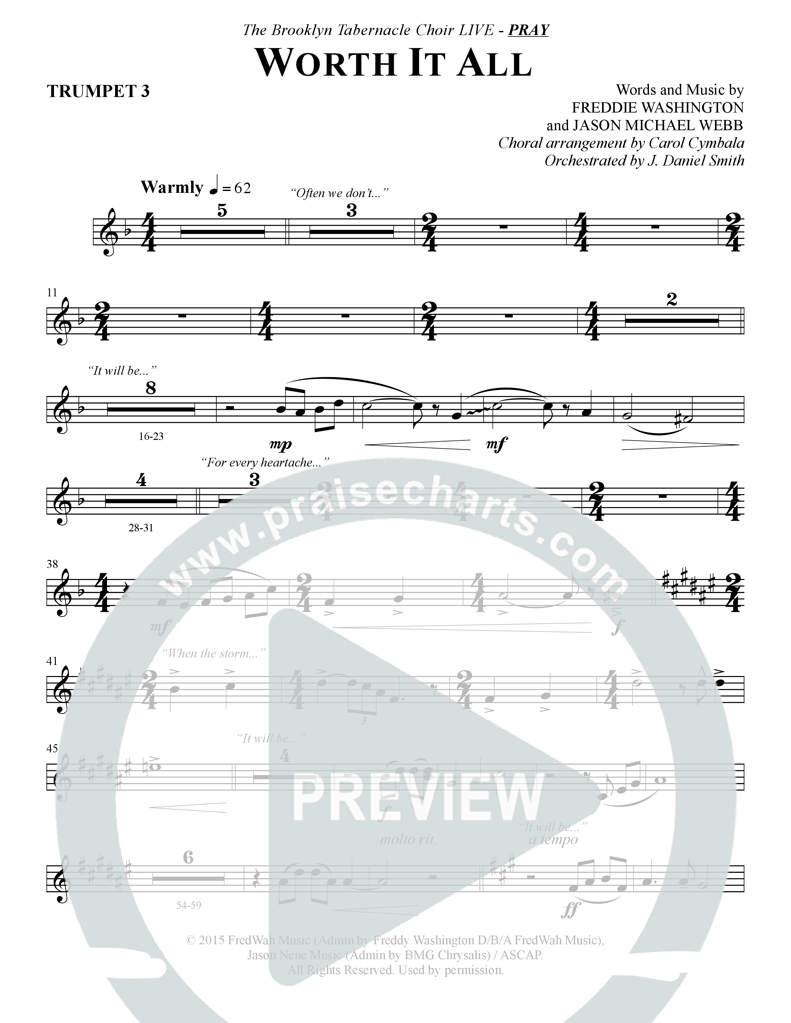 Worth It All (Choral Anthem SATB) Trumpet 3 (The Brooklyn Tabernacle Choir / Arr. Carol Cymbala / Orch. J. Daniel Smith)