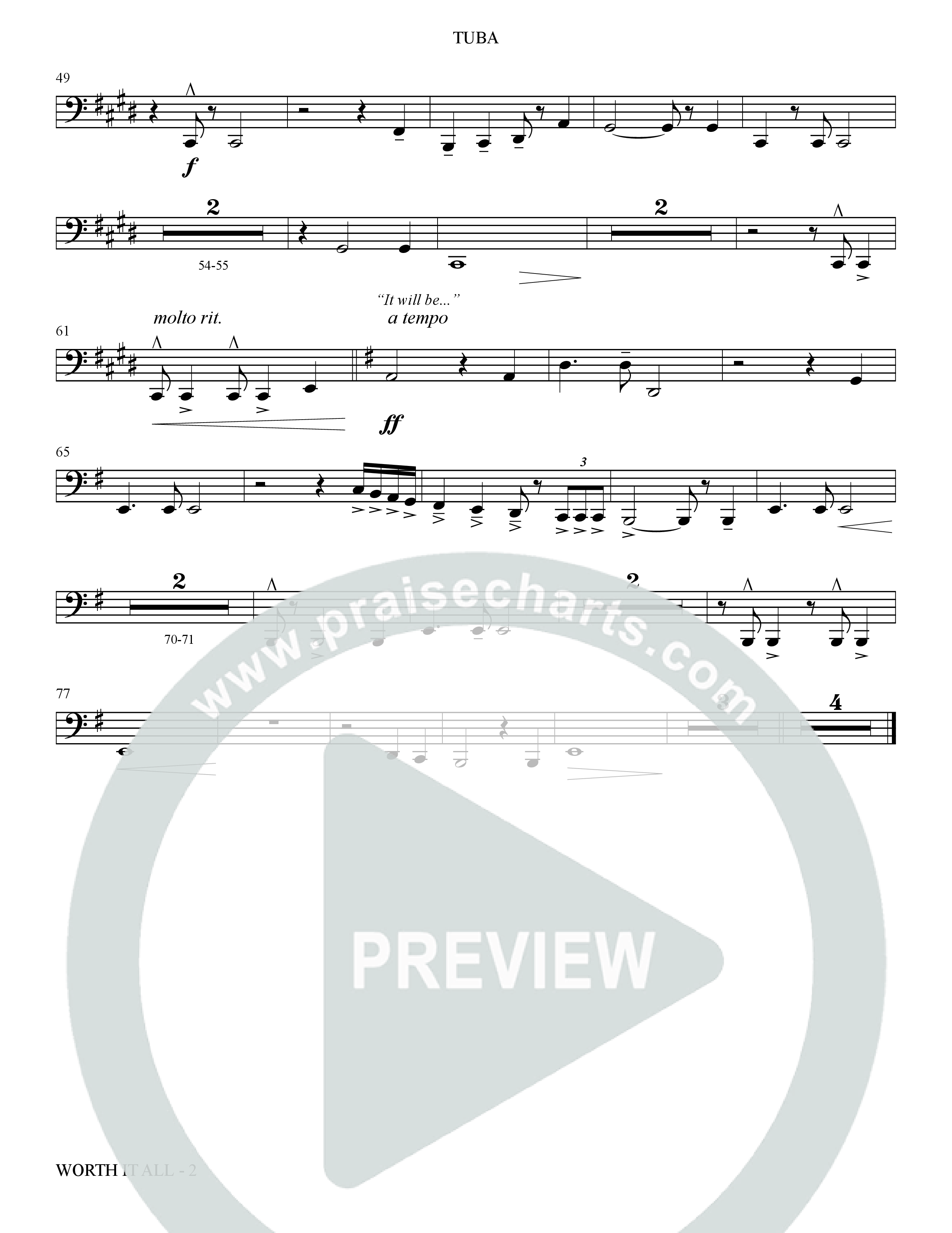 Worth It All (Choral Anthem SATB) Tuba (The Brooklyn Tabernacle Choir / Arr. Carol Cymbala / Orch. J. Daniel Smith)