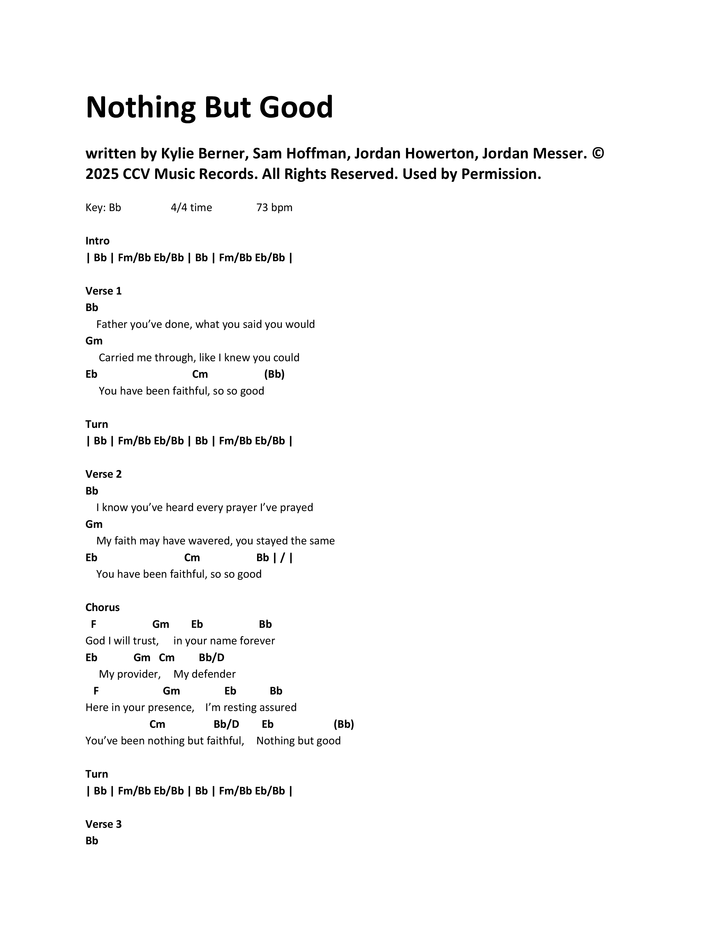 Nothing But Good Chord Chart (CCV Music)