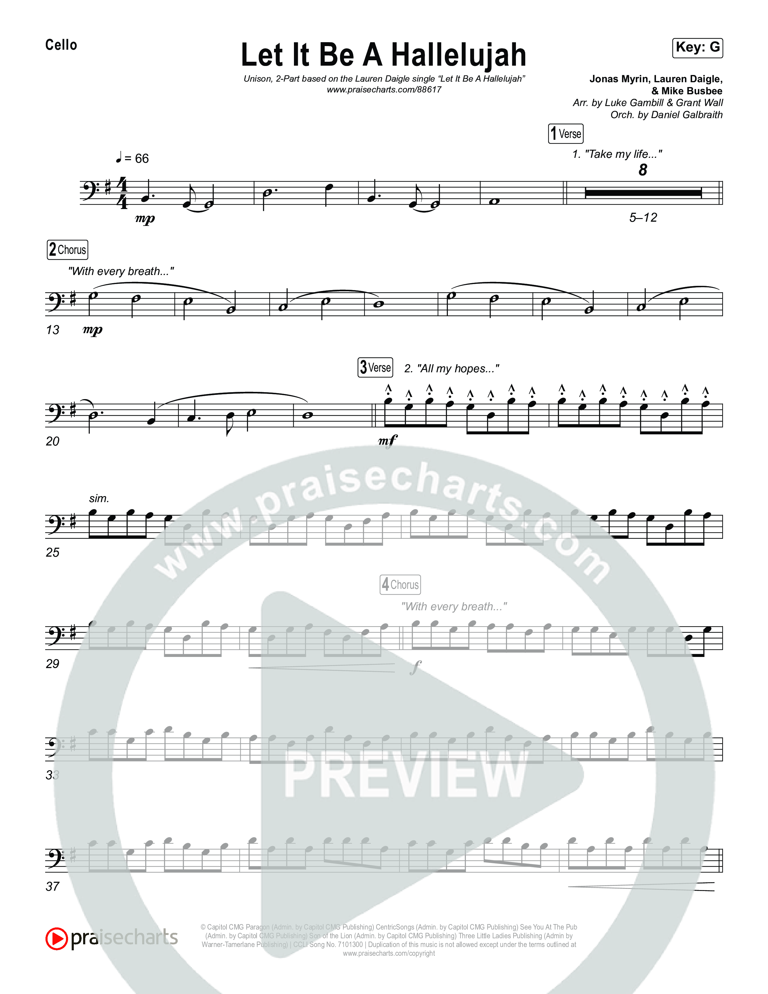 Let It Be A Hallelujah (Unison/2-Part) Cello (Lauren Daigle / Arr. Luke Gambill)