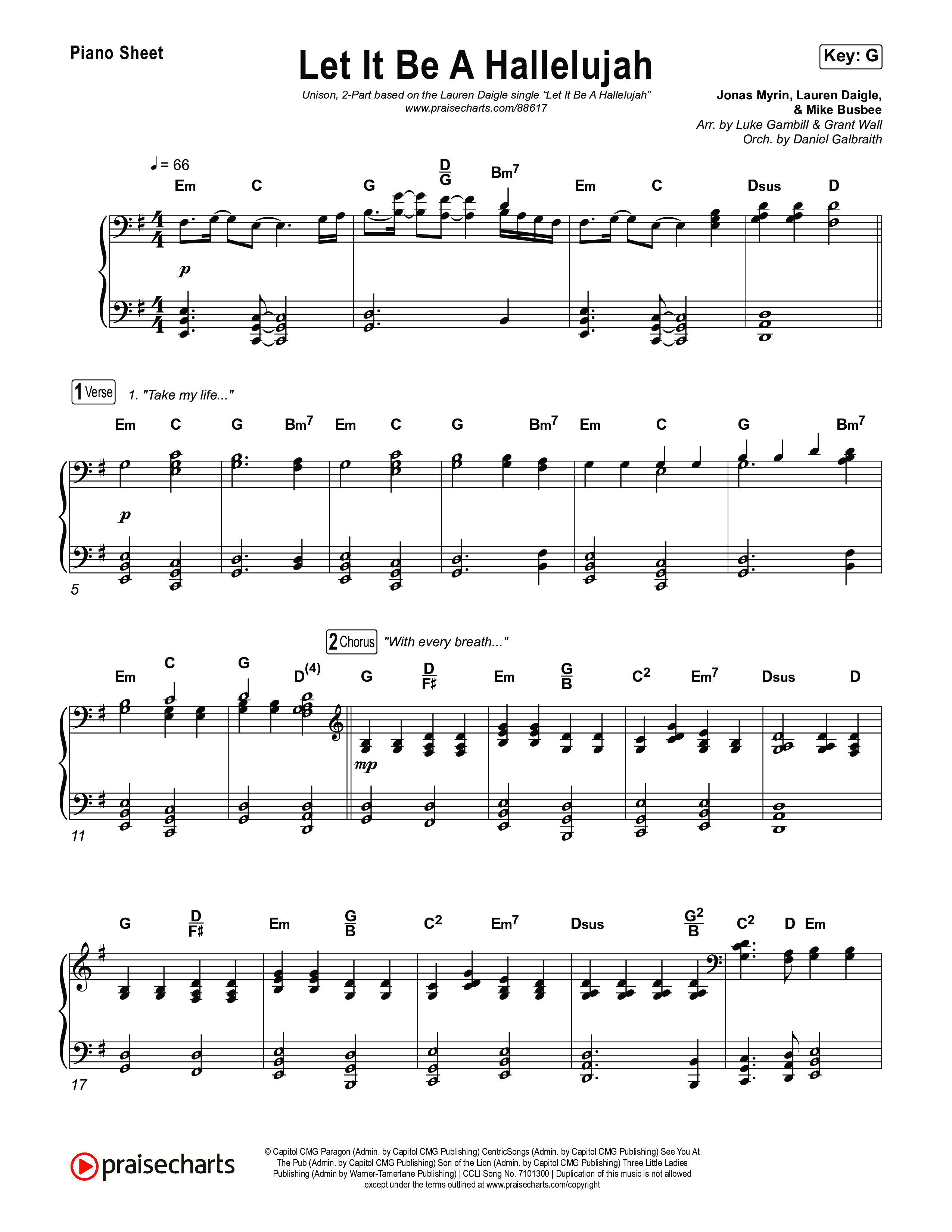 Let It Be A Hallelujah (Unison/2-Part) Piano Sheet (Lauren Daigle / Arr. Luke Gambill)